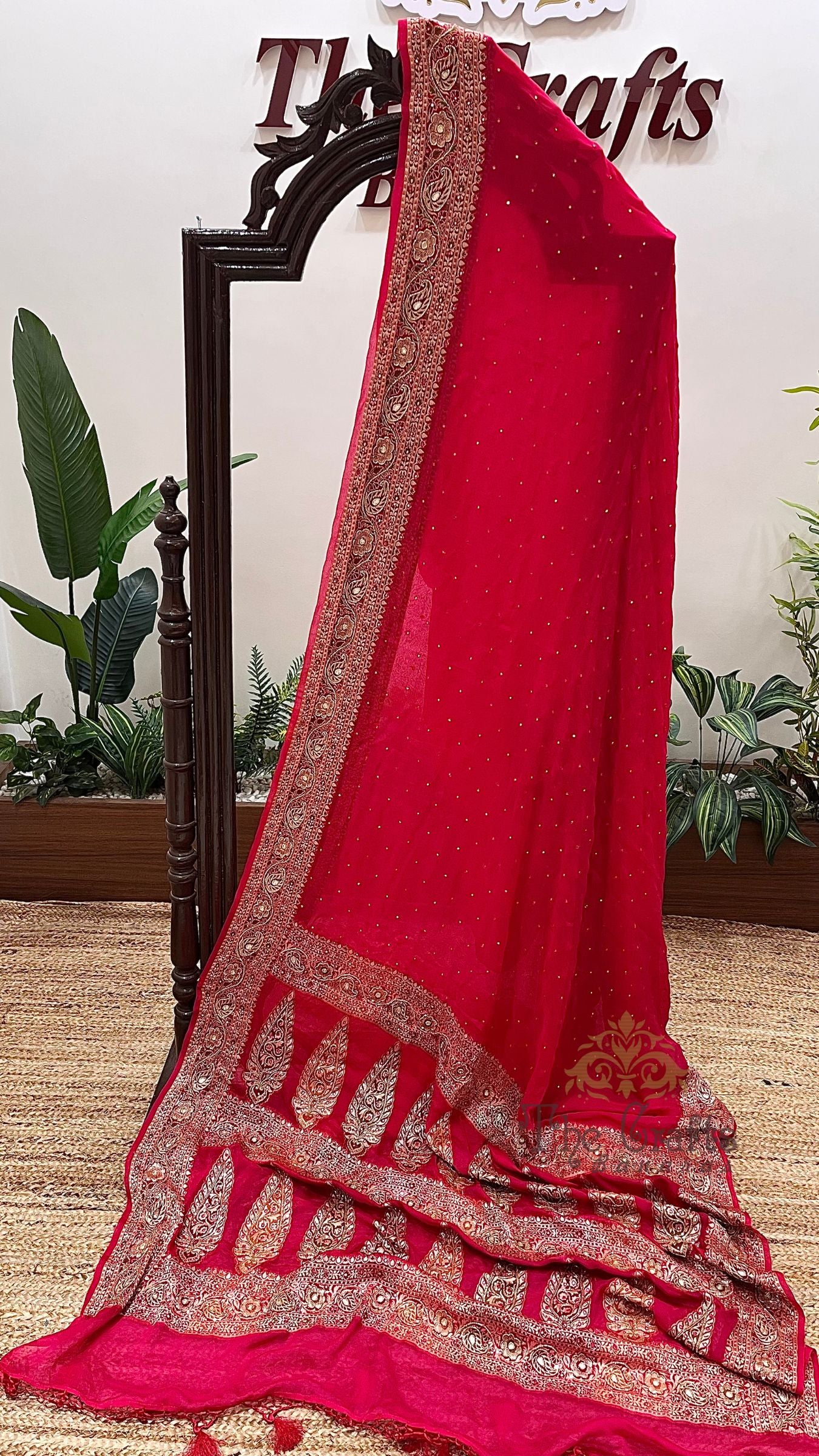 Pure Khaddi Chiffon Handloom Banarasi Saree - Handwork Mirror Cut Dana and Stone Work