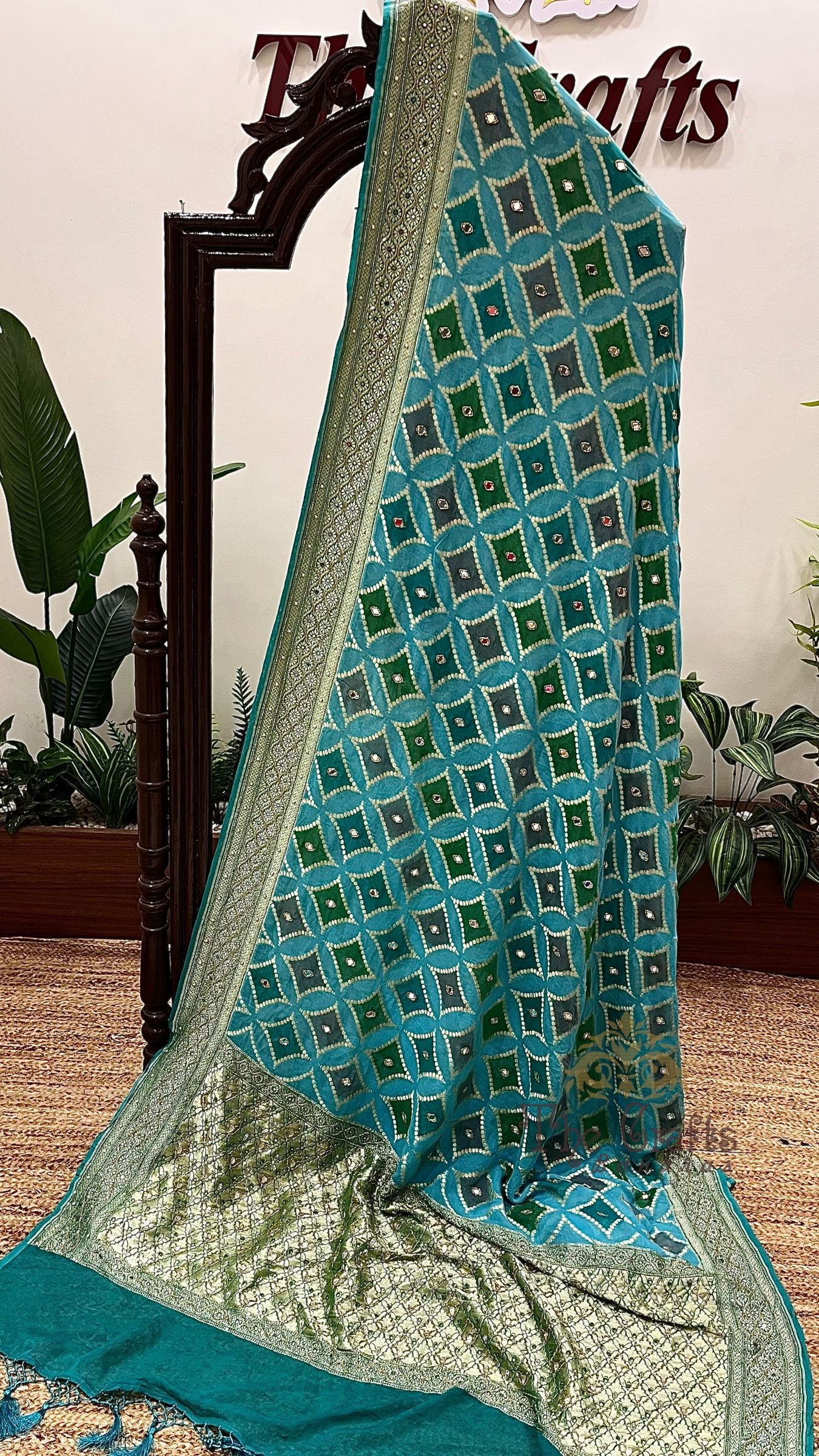 Pure Khaddi Georgette Handloom Banarasi Saree- Handwork Gota Patti Zardozi Mirror Cut Dana and Stone Work