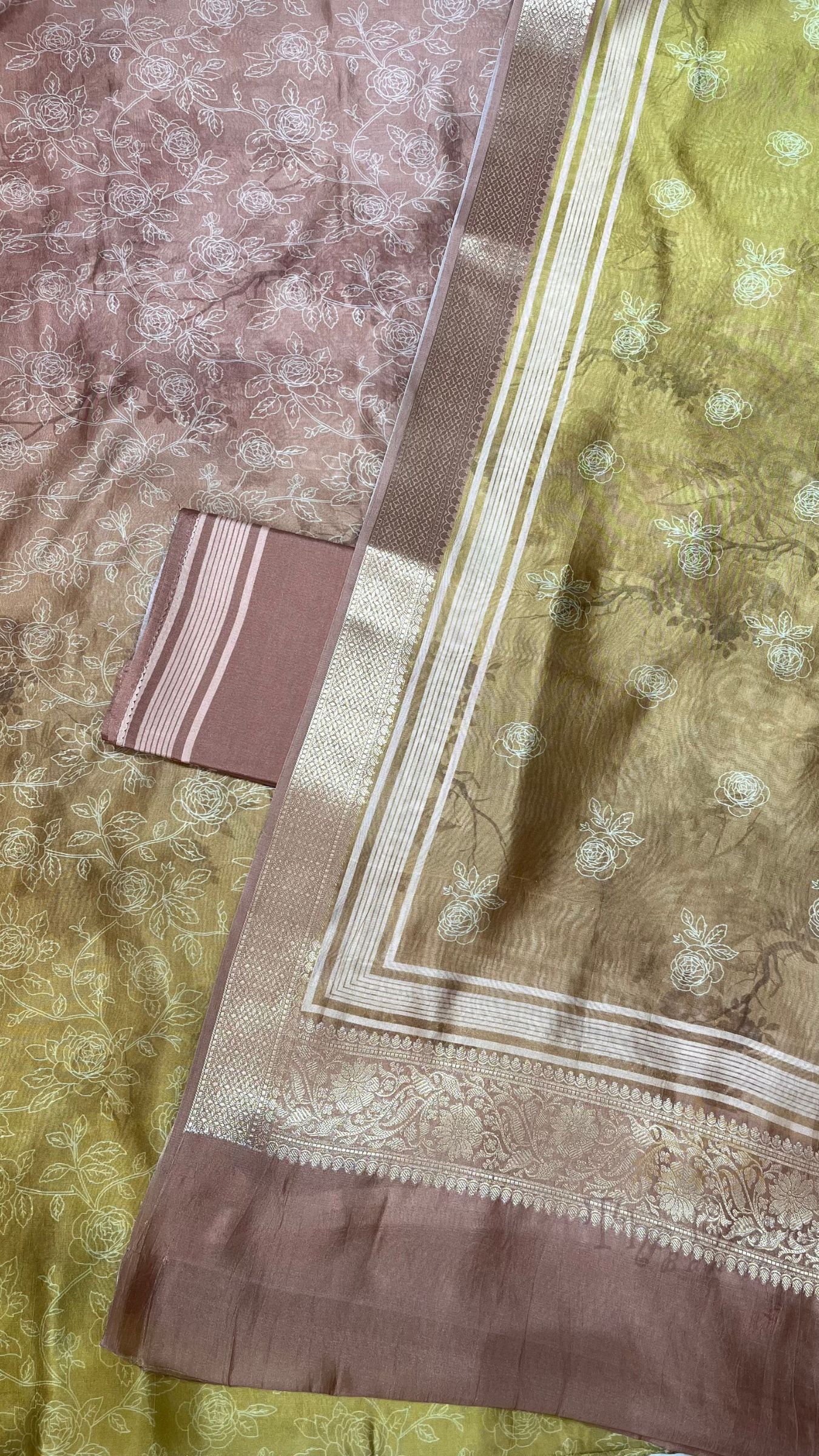 Pure Mango Silk Banarasi Dress Material - Digital Print All over