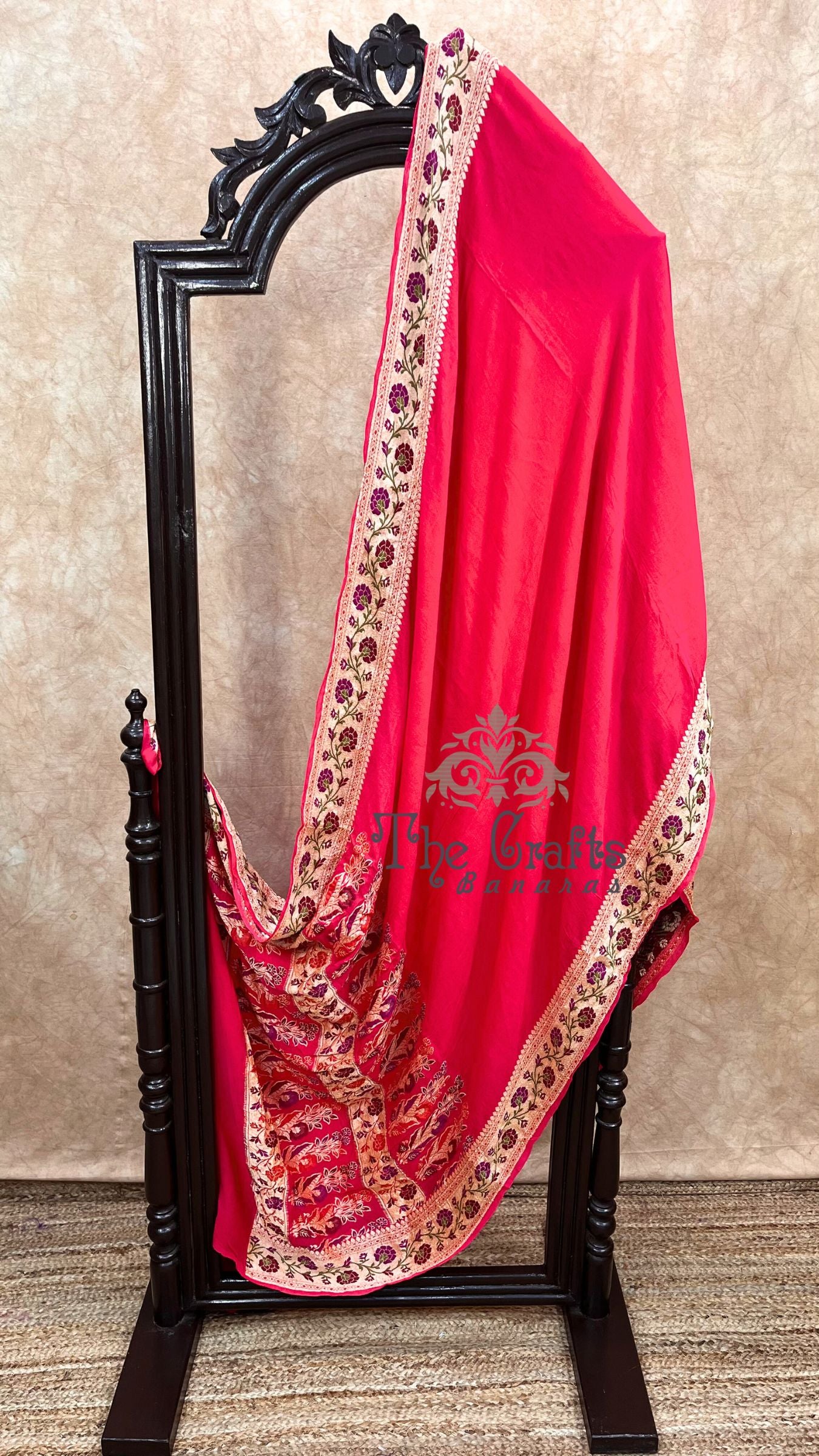 Hot Pink Pure Khaddi Chiffon Banarasi Saree