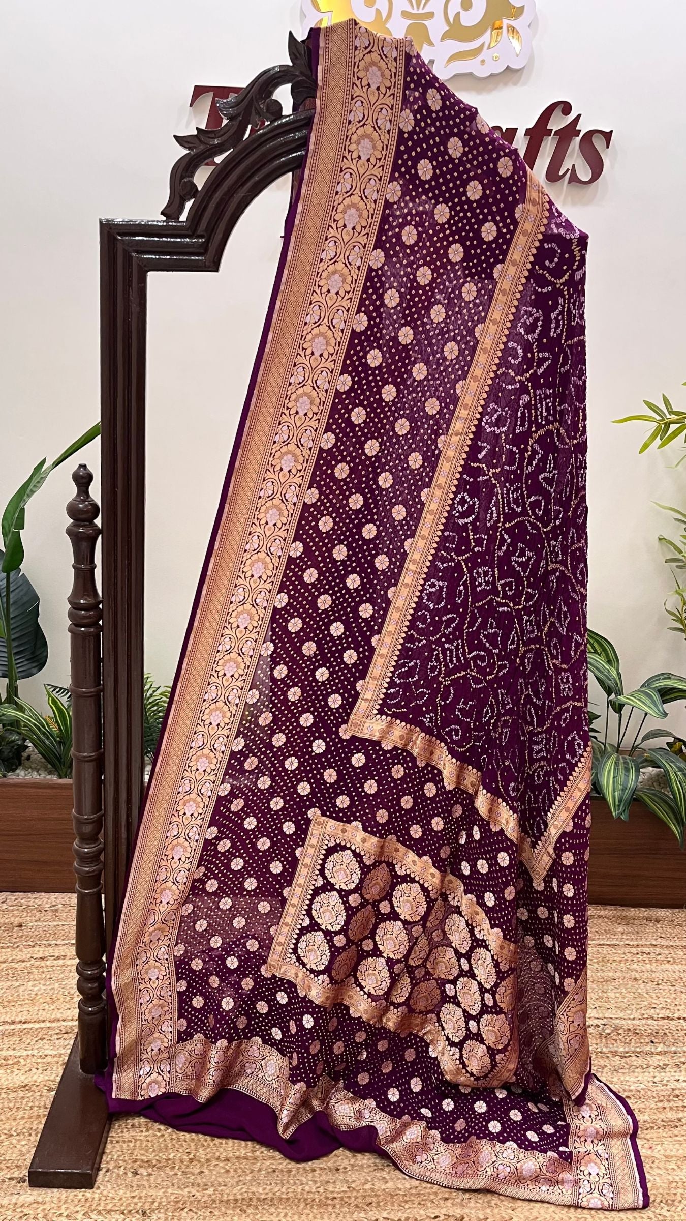Pure Georgette Banarasi Handloom Bandhej Saree - All over Sona rupa Jaal work
