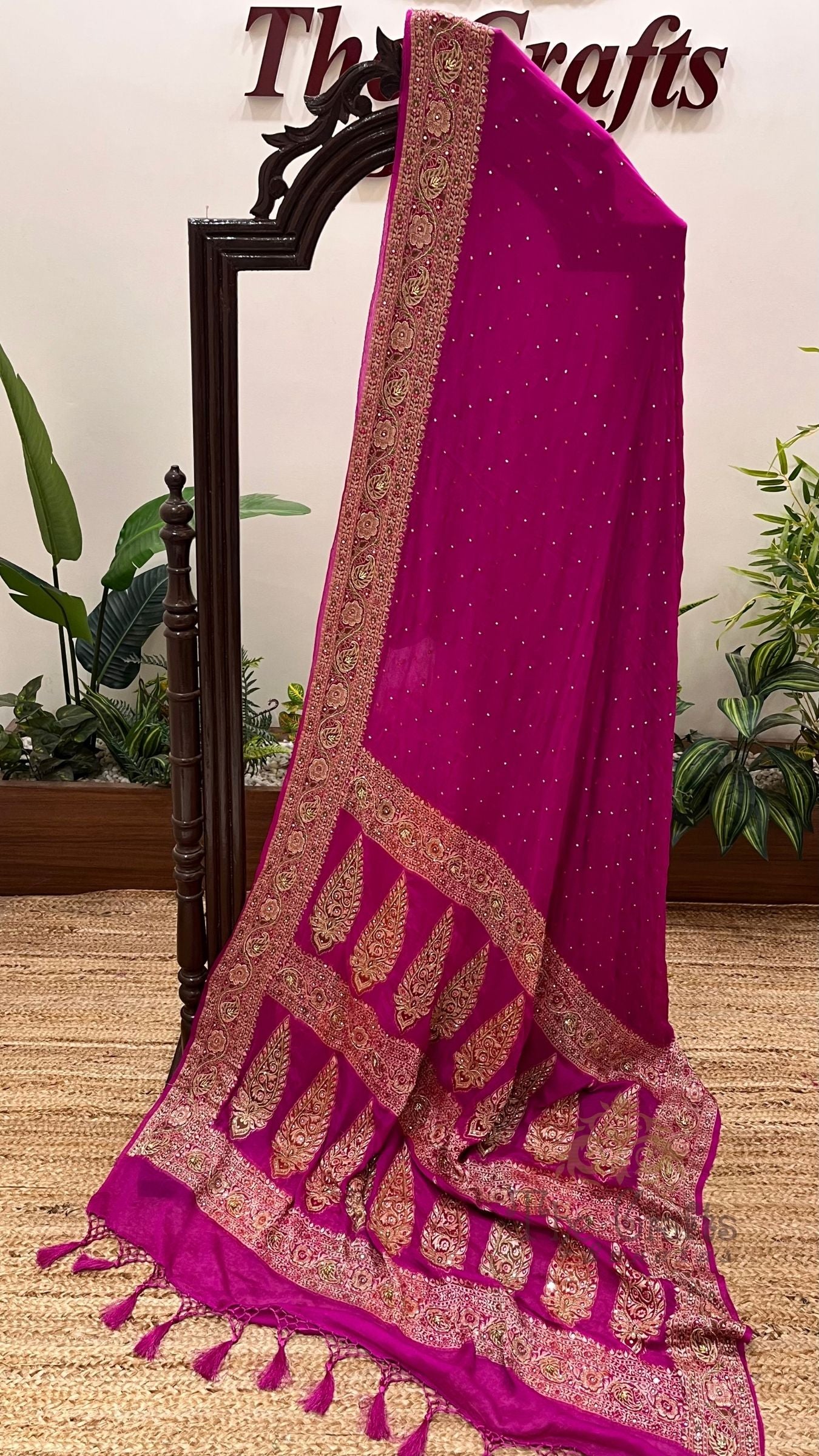 Pure Khaddi Chiffon Handloom Banarasi Saree - Cut Dana & Mirror Handwork