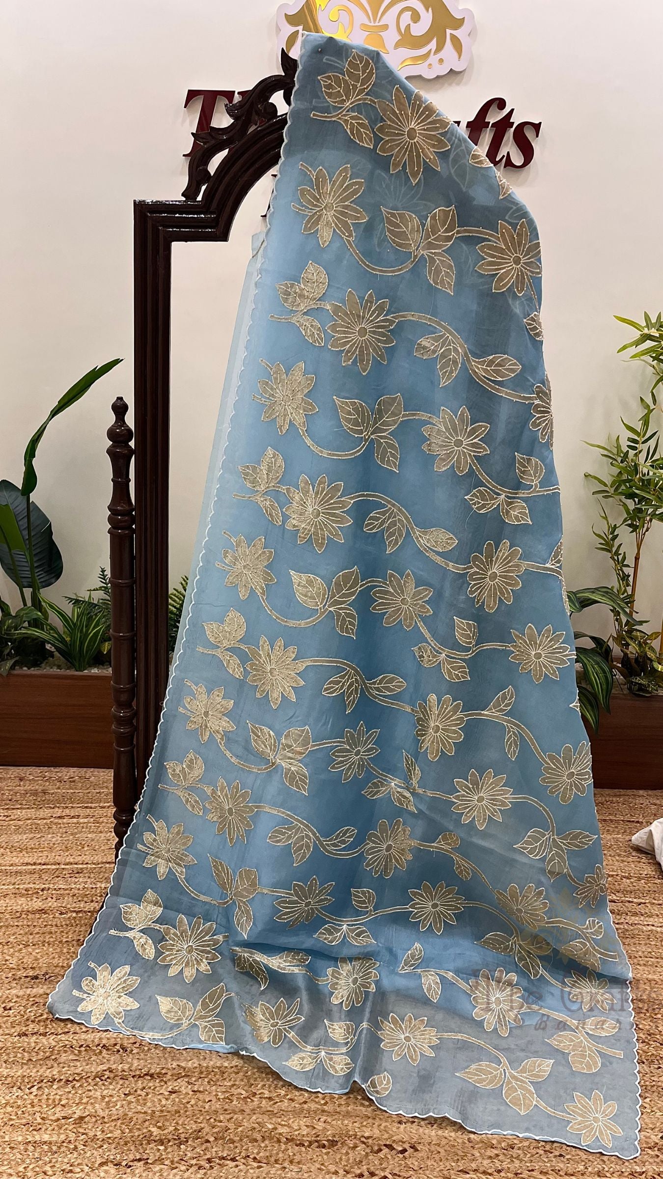 Pure Kora Organza Silk Banarasi Saree -  Applique work with Handwork Motifs