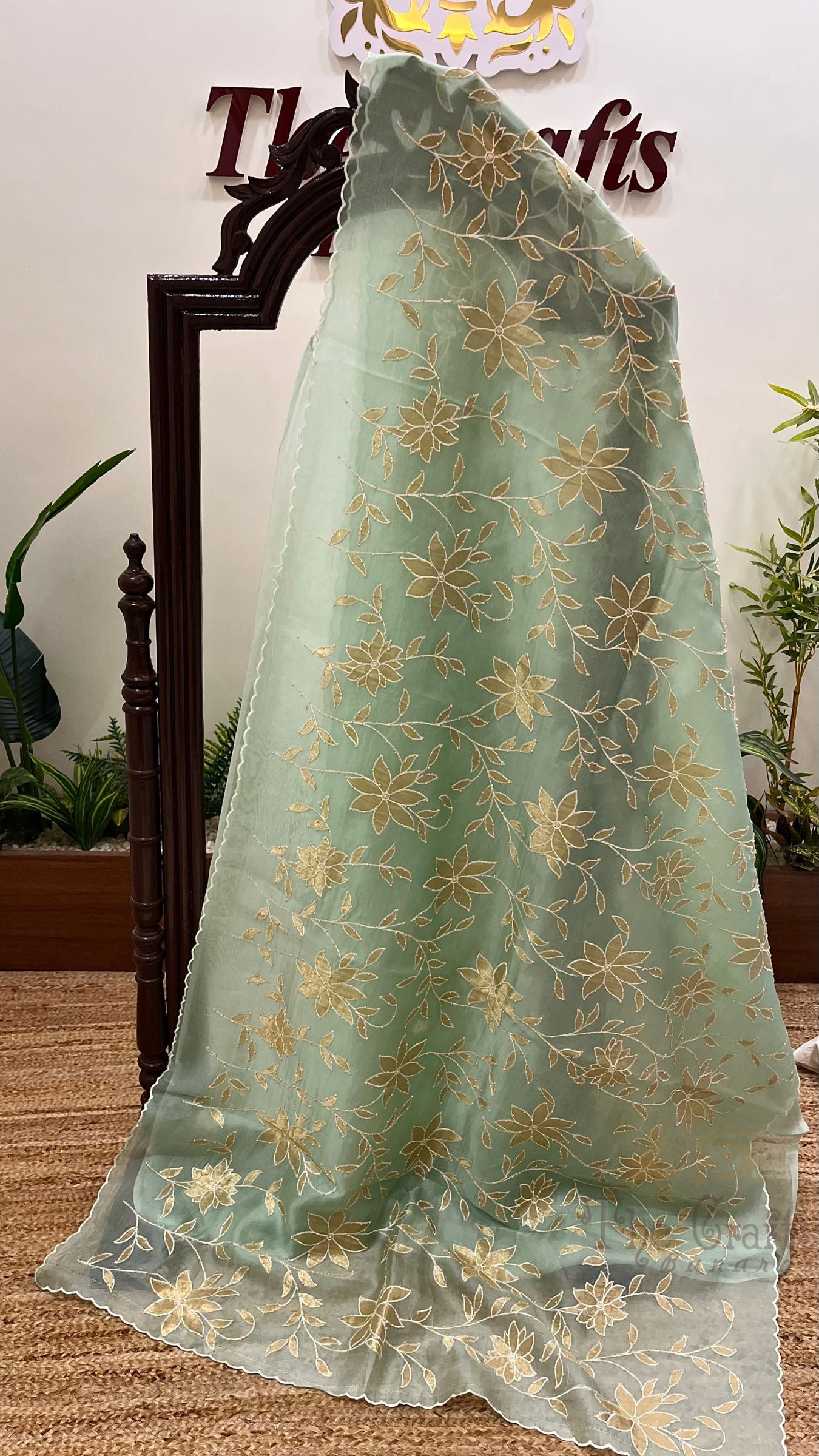 Pure Kora Organza Silk Banarasi Saree -  Applique work with Handwork Motifs
