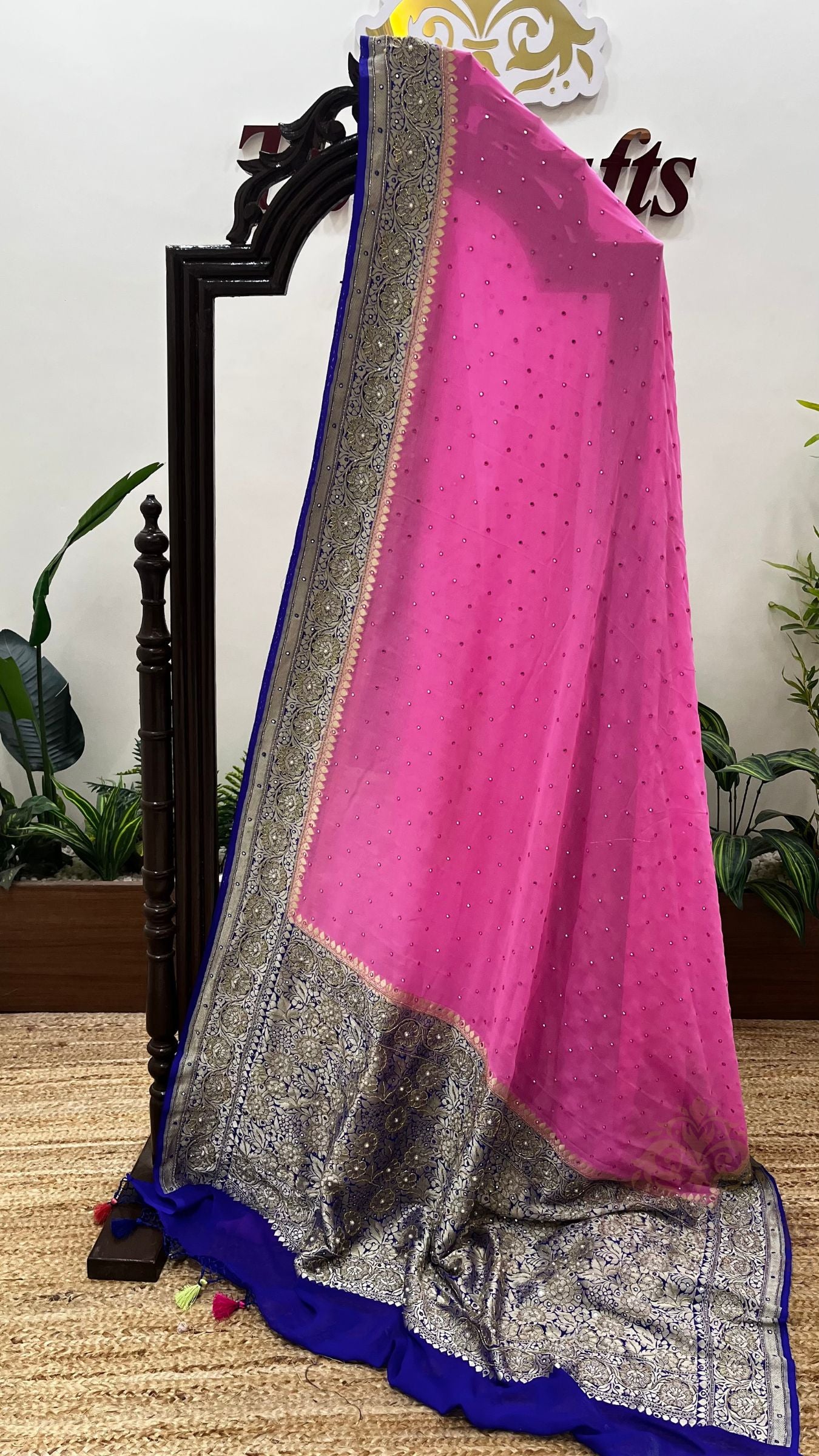 Khaddi Georgette Banarasi Saree - with Zardozi Cut Dana and Mirror Work