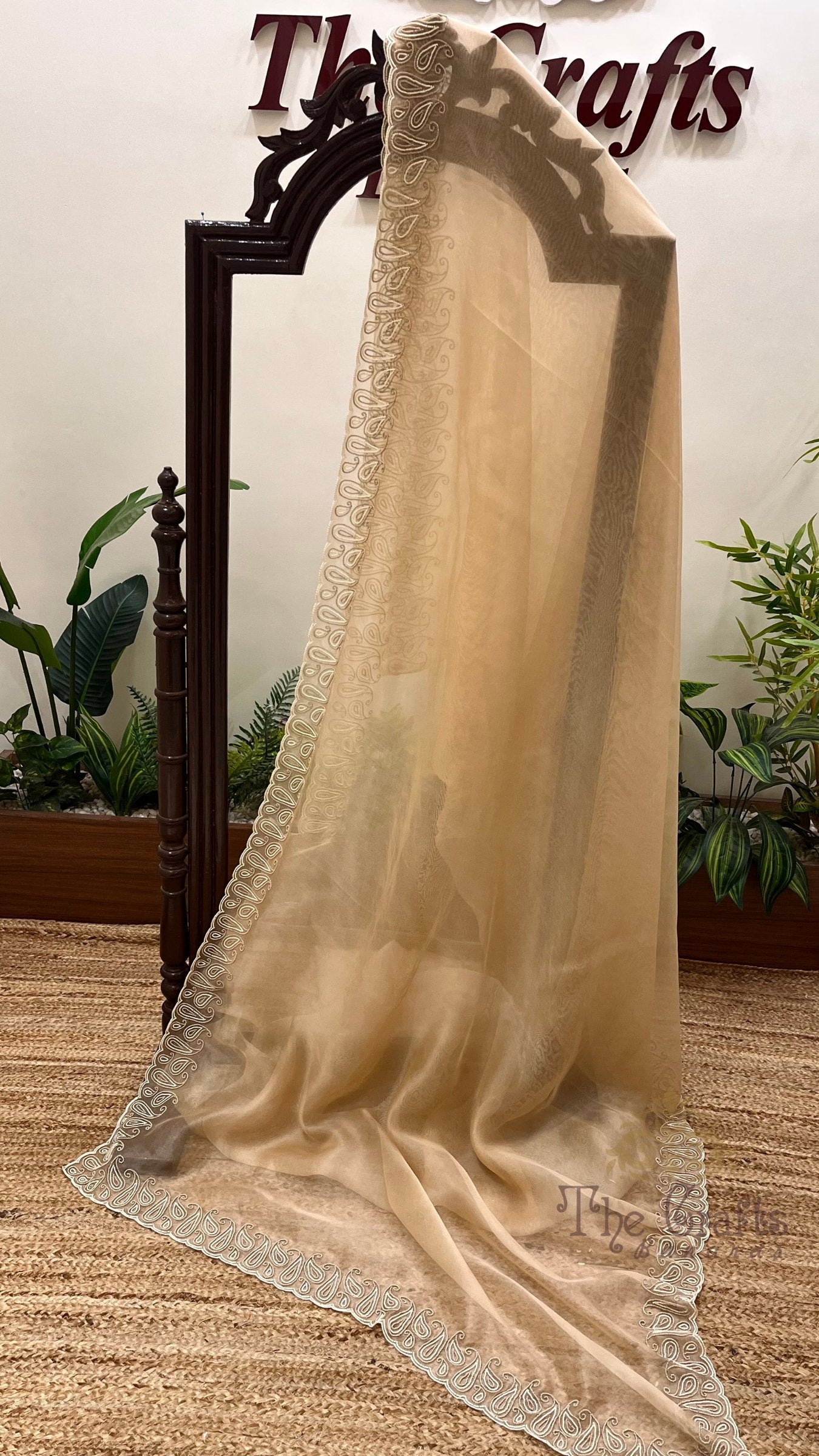 Pure Kora Organza Silk Banarasi Saree - Zardozi Kairi Scallop Border