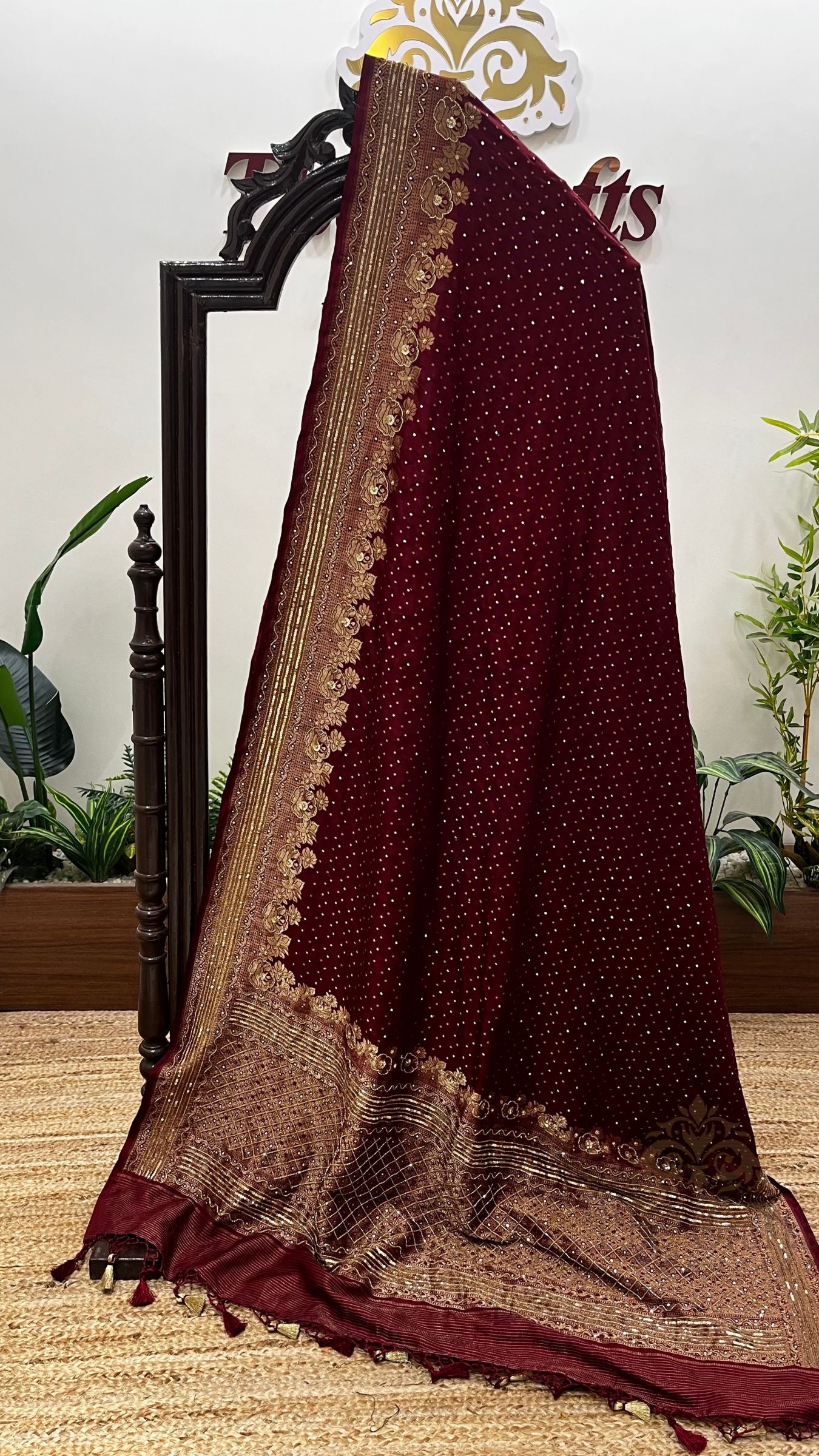 Pure Katan Silk Handloom Banarasi Saree - Chunri Buti with Zardozi Cut Dana and Mirror Work