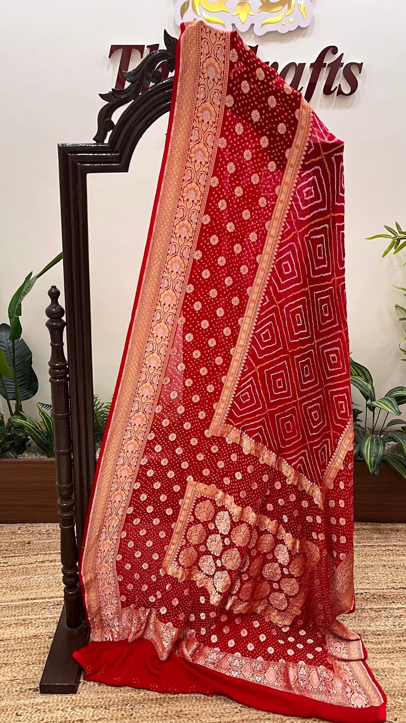 Pure Georgette Banarasi Handloom Bandhej Saree - All over Sona rupa Jaal work