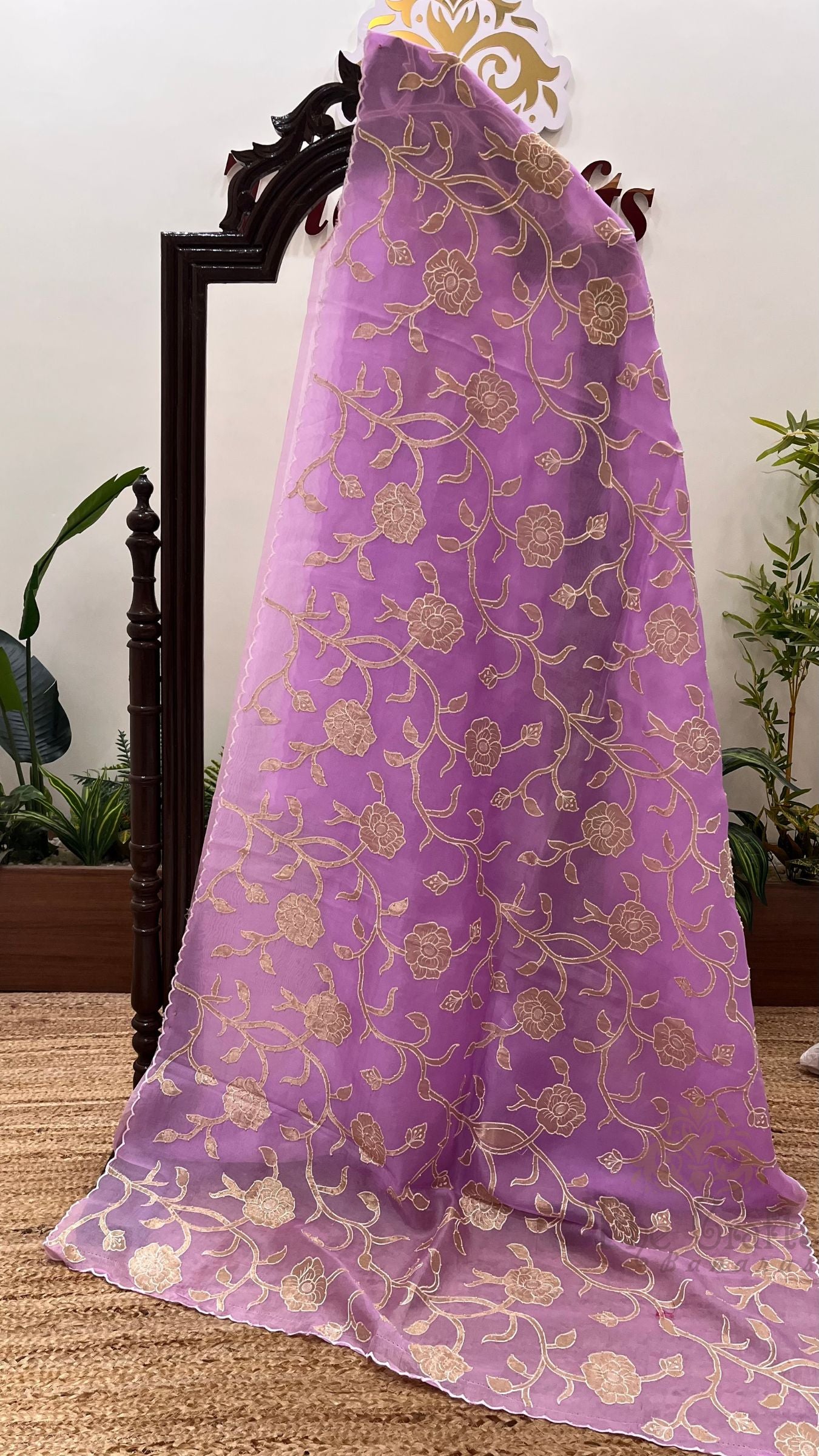 Pure Kora Organza Silk Banarasi Saree -  Applique work with Handwork Motifs