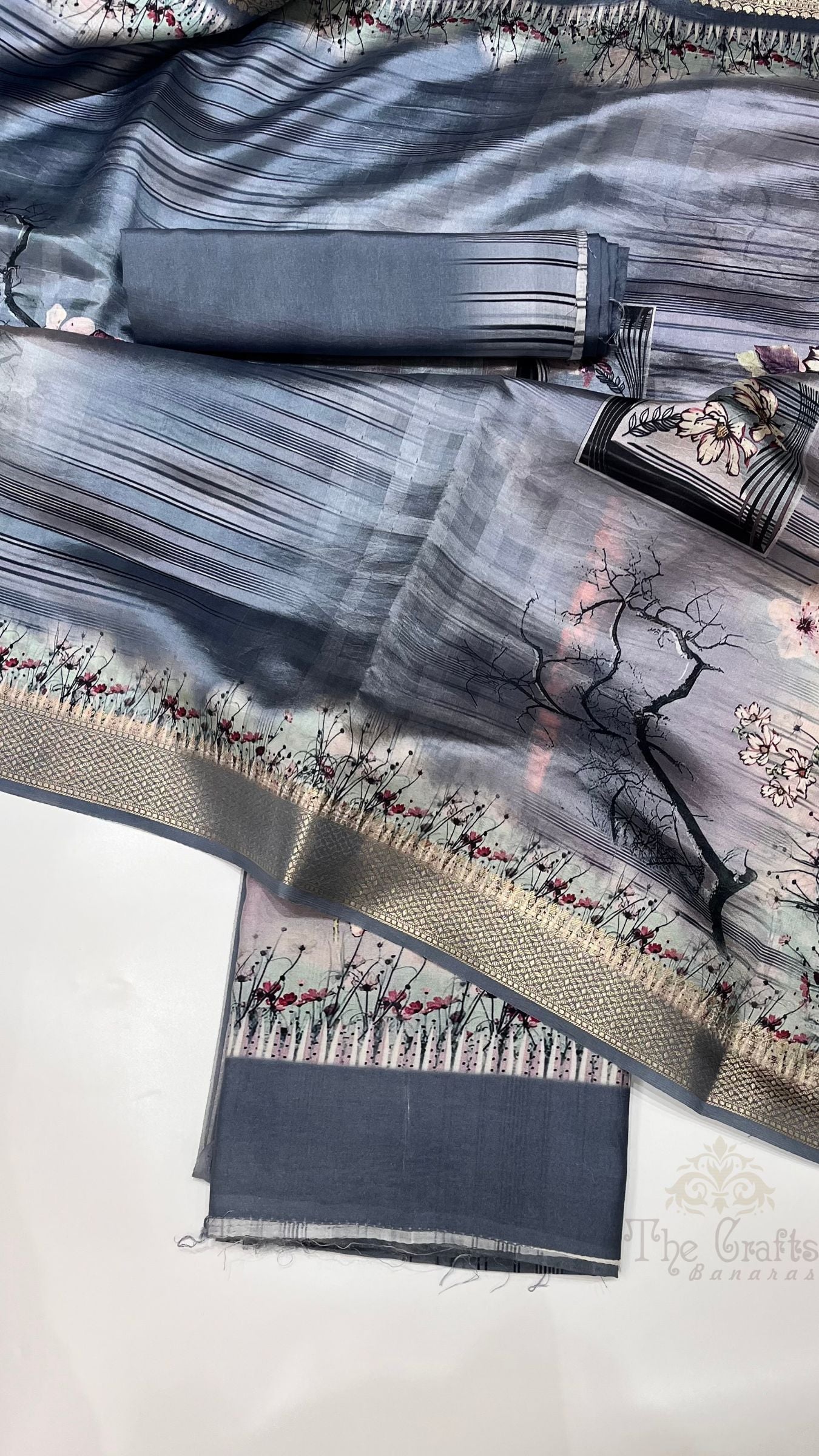 Pure Mango Silk Banarasi Dress Material - Digital Print All over