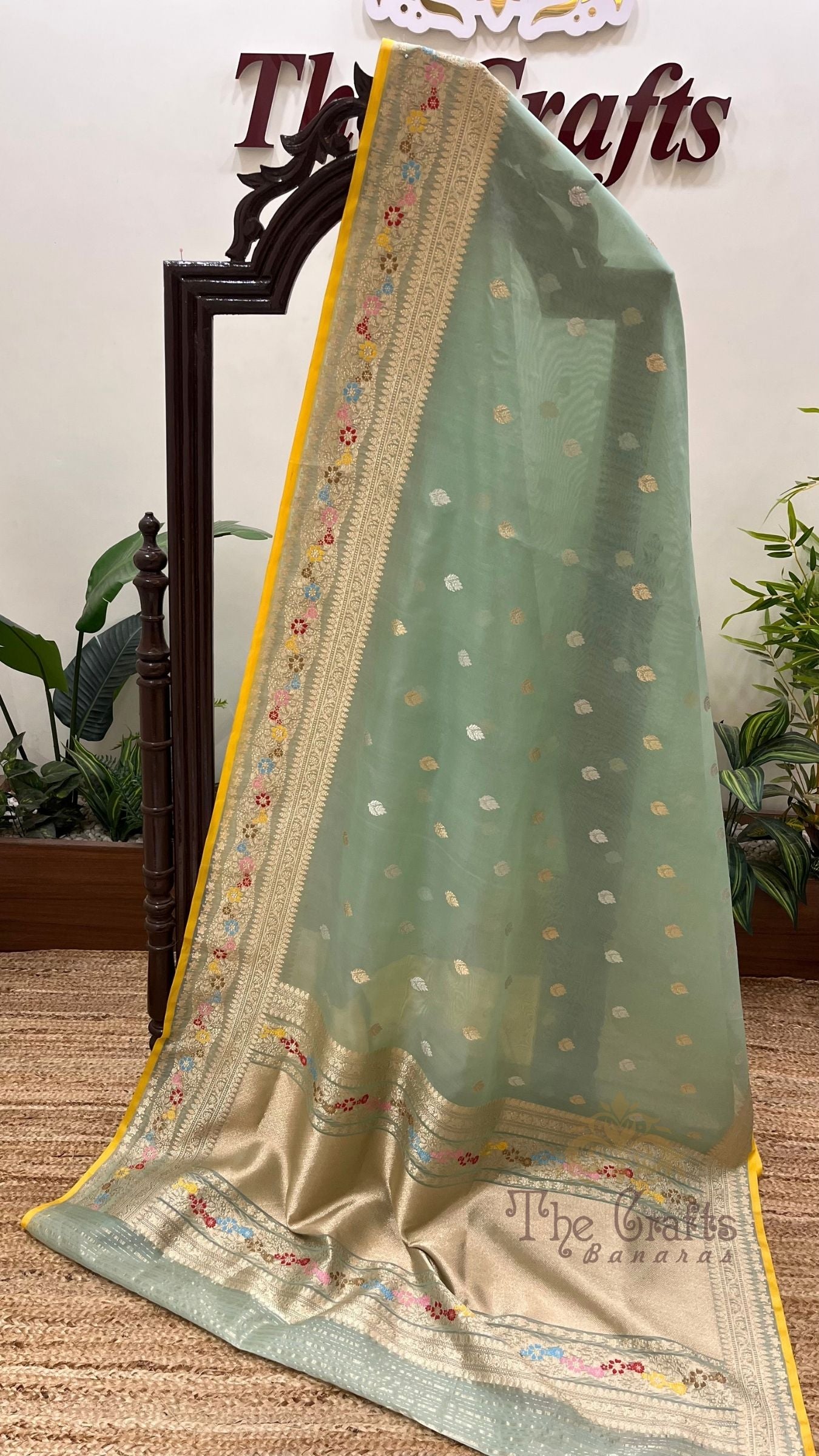Pure Kora Silk Handloom Banarasi Saree - Kadhua Sona Rupa Bootis with Meenakari Border