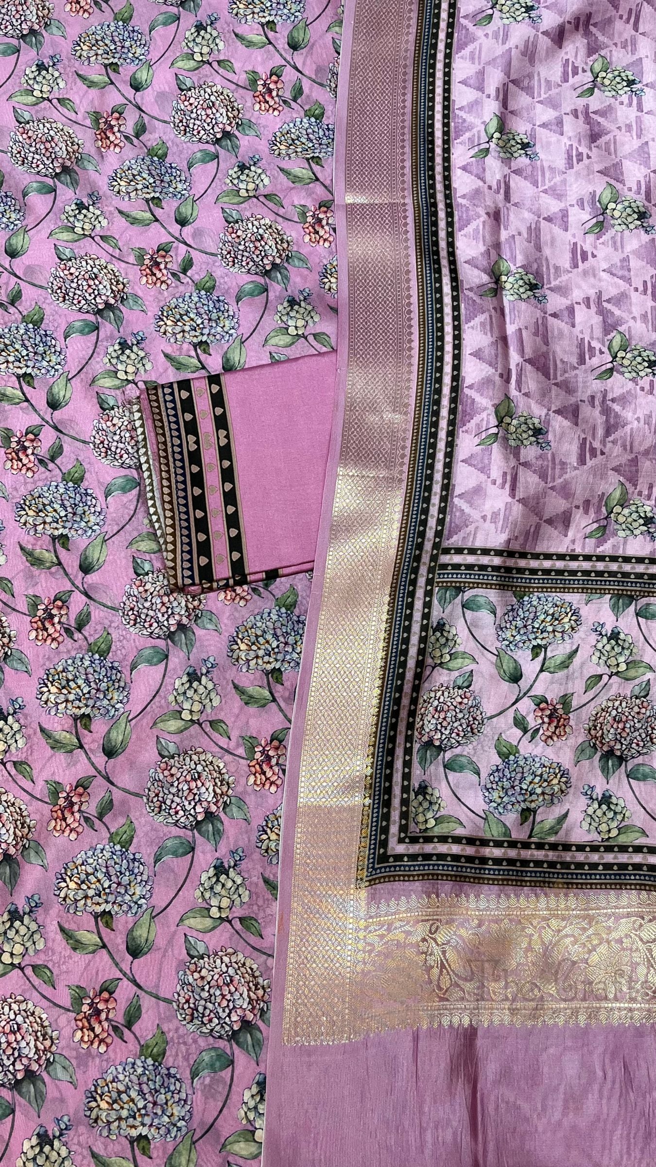 Pure Mango Silk Banarasi Dress Material - Digital Print All over