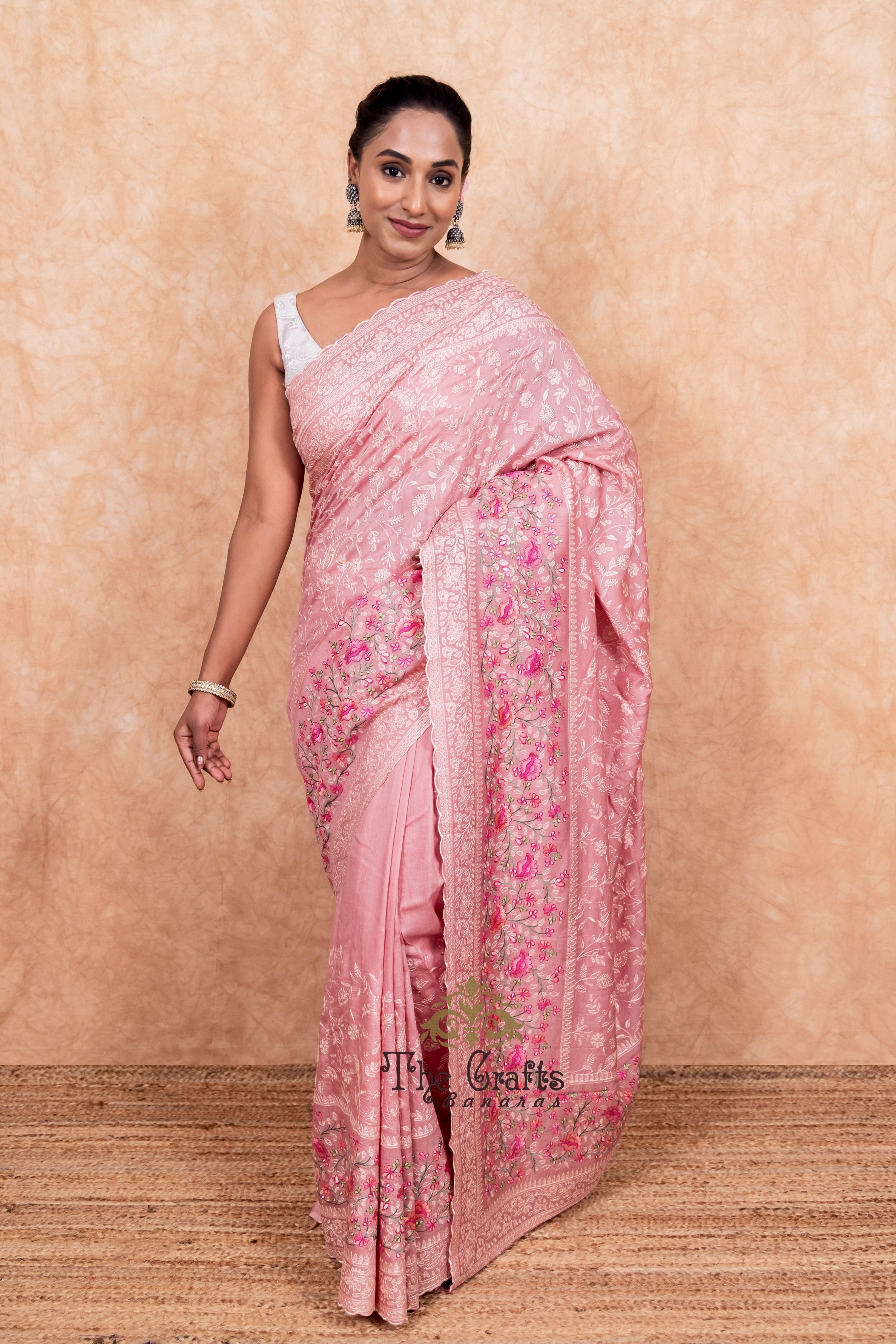 Pure Munga Silk Banarasi Saree - Chikankari all over