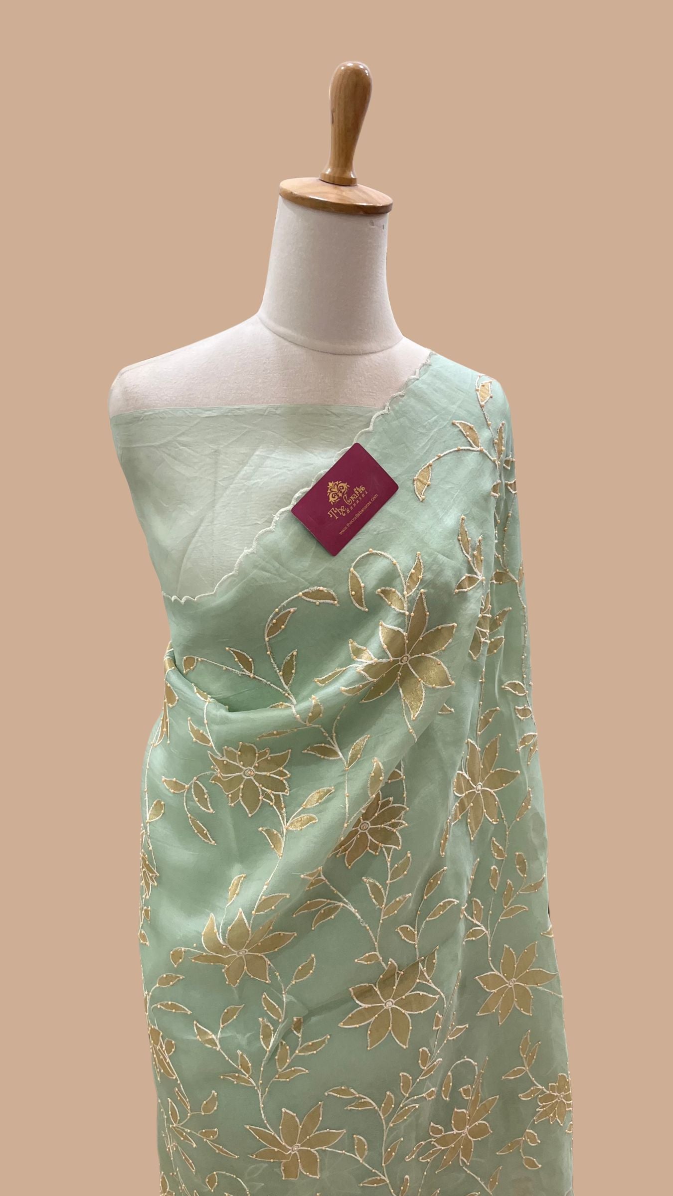 Pure Kora Organza Silk Banarasi Saree -  Applique work with Handwork Motifs