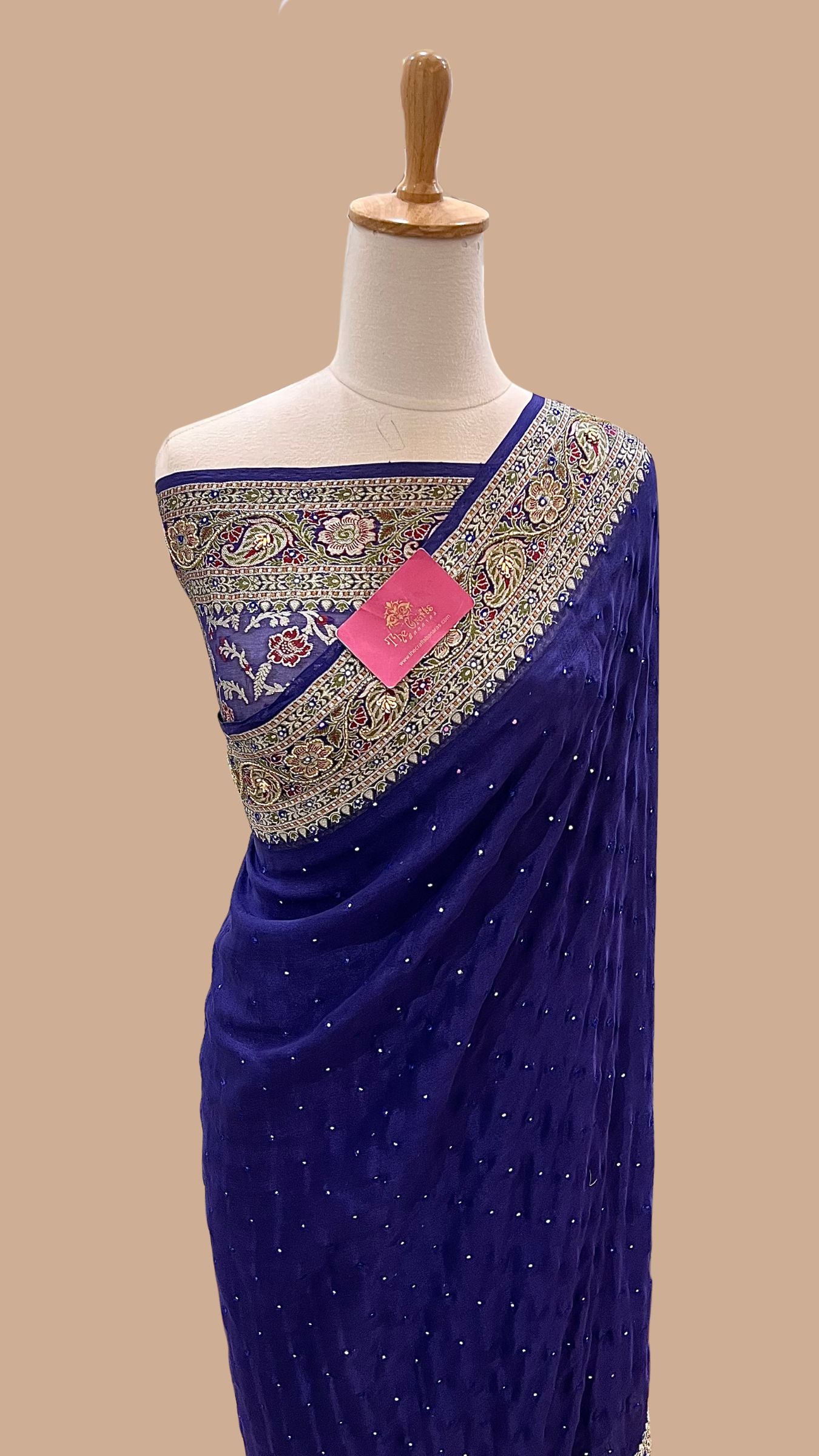 Pure Khaddi Chiffon Handloom Banarasi Saree - Handwork Mirror Cut Dana and Stone Work