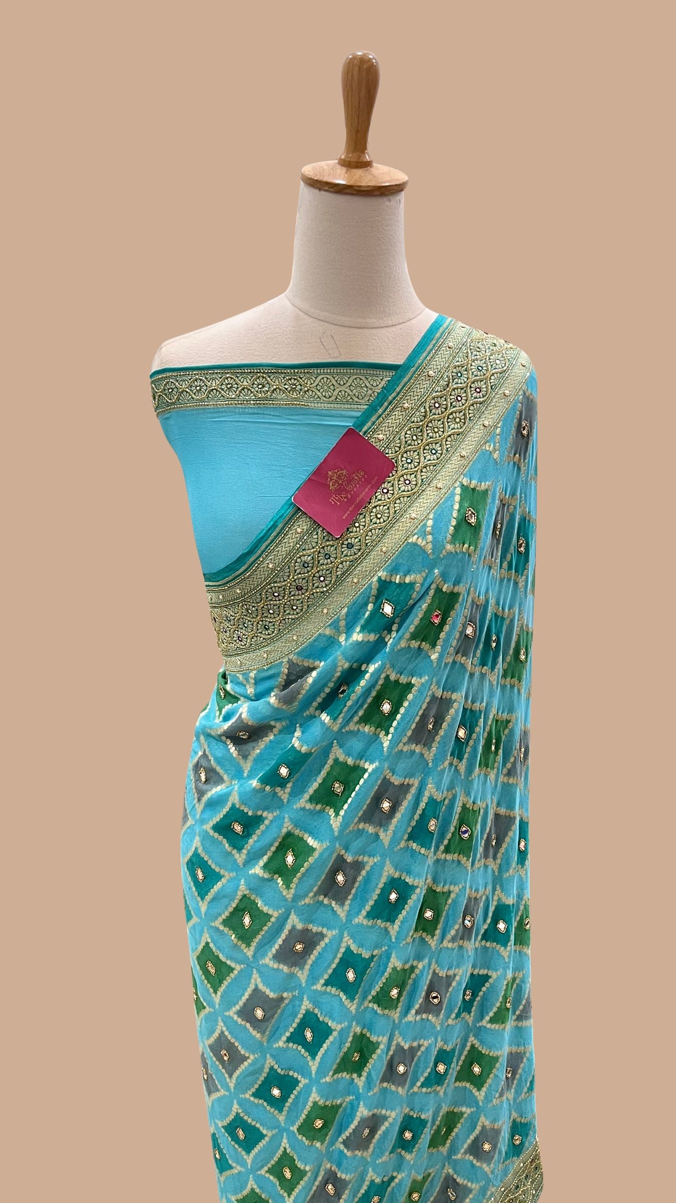Pure Khaddi Georgette Handloom Banarasi Saree- Handwork Gota Patti Zardozi Mirror Cut Dana and Stone Work