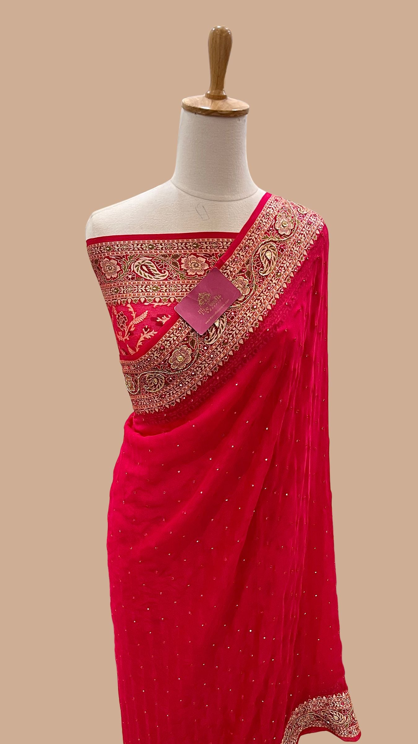 Pure Khaddi Chiffon Handloom Banarasi Saree - Handwork Mirror Cut Dana and Stone Work