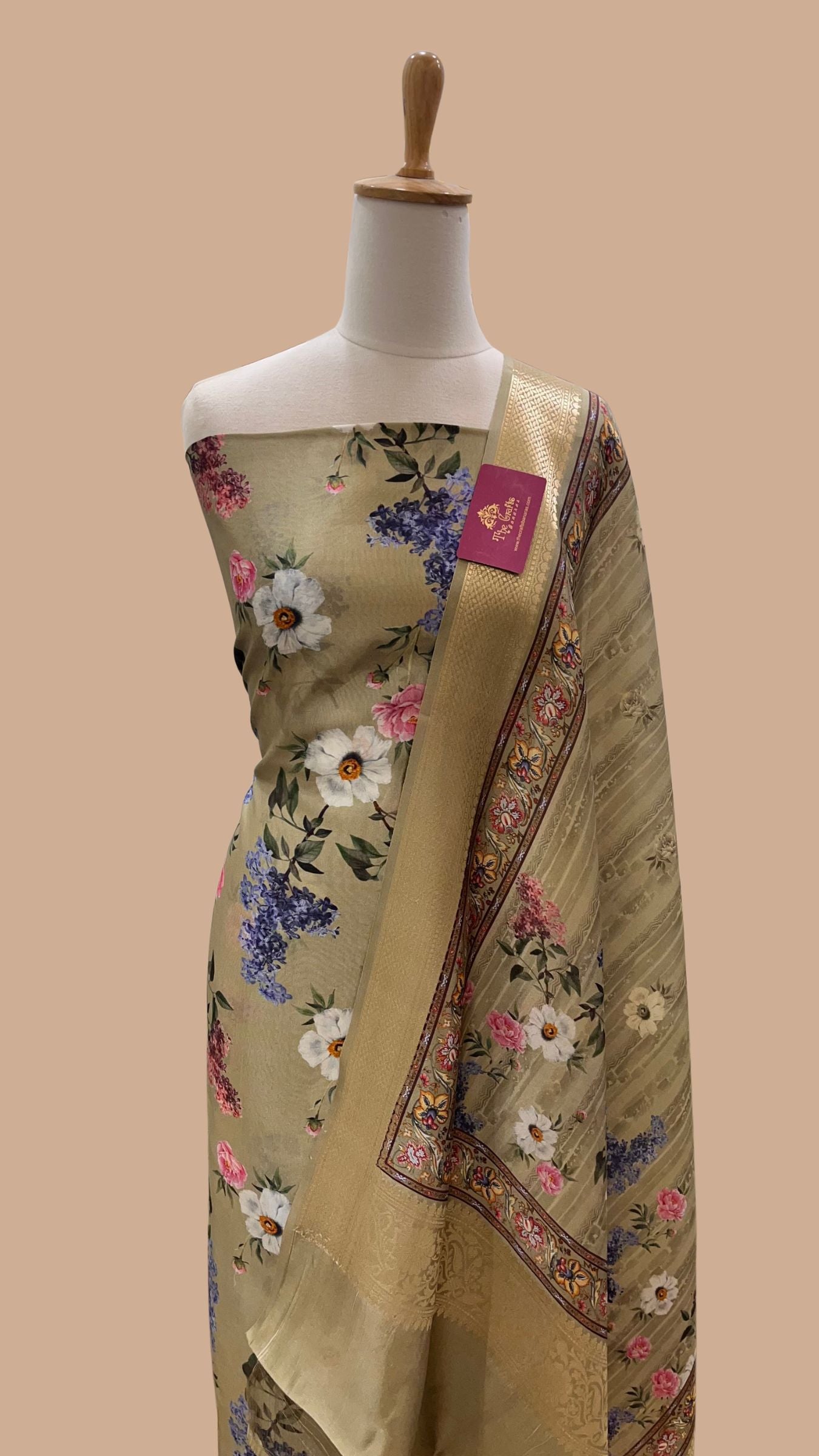 Pure Mango Silk Banarasi Dress Material - Digital Print All over