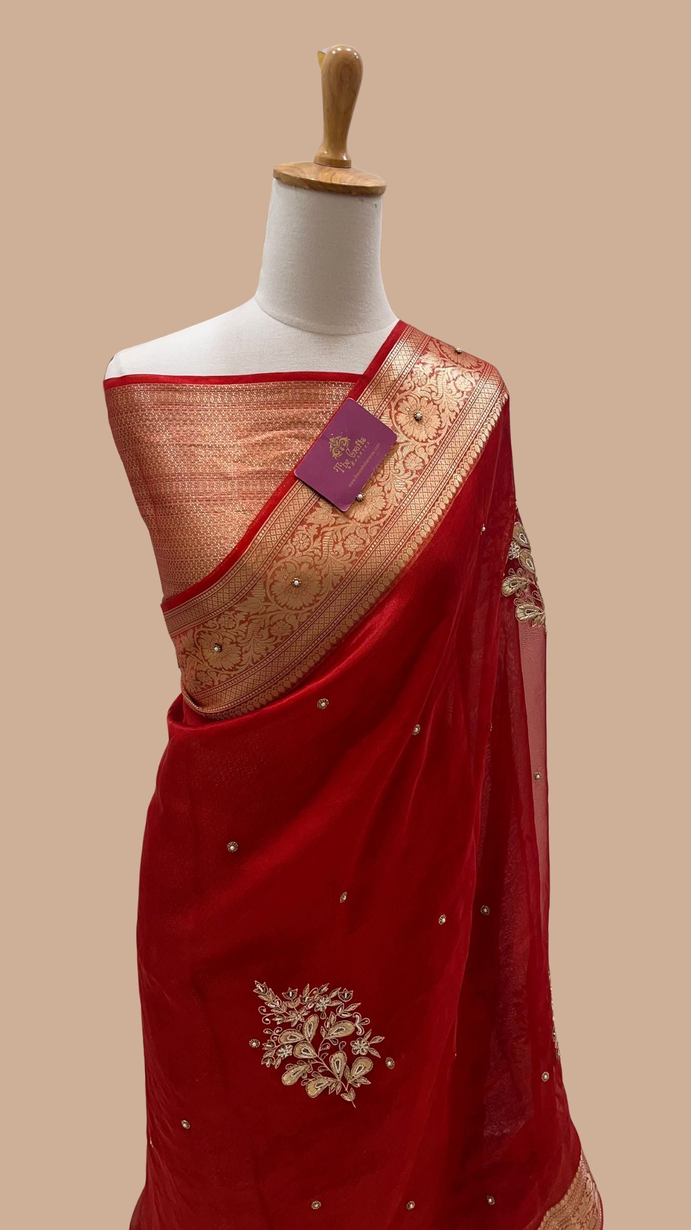 Pure Kora Silk Handloom Banarasi Saree - Handwork Zardozi Cut Dana and Stone Work