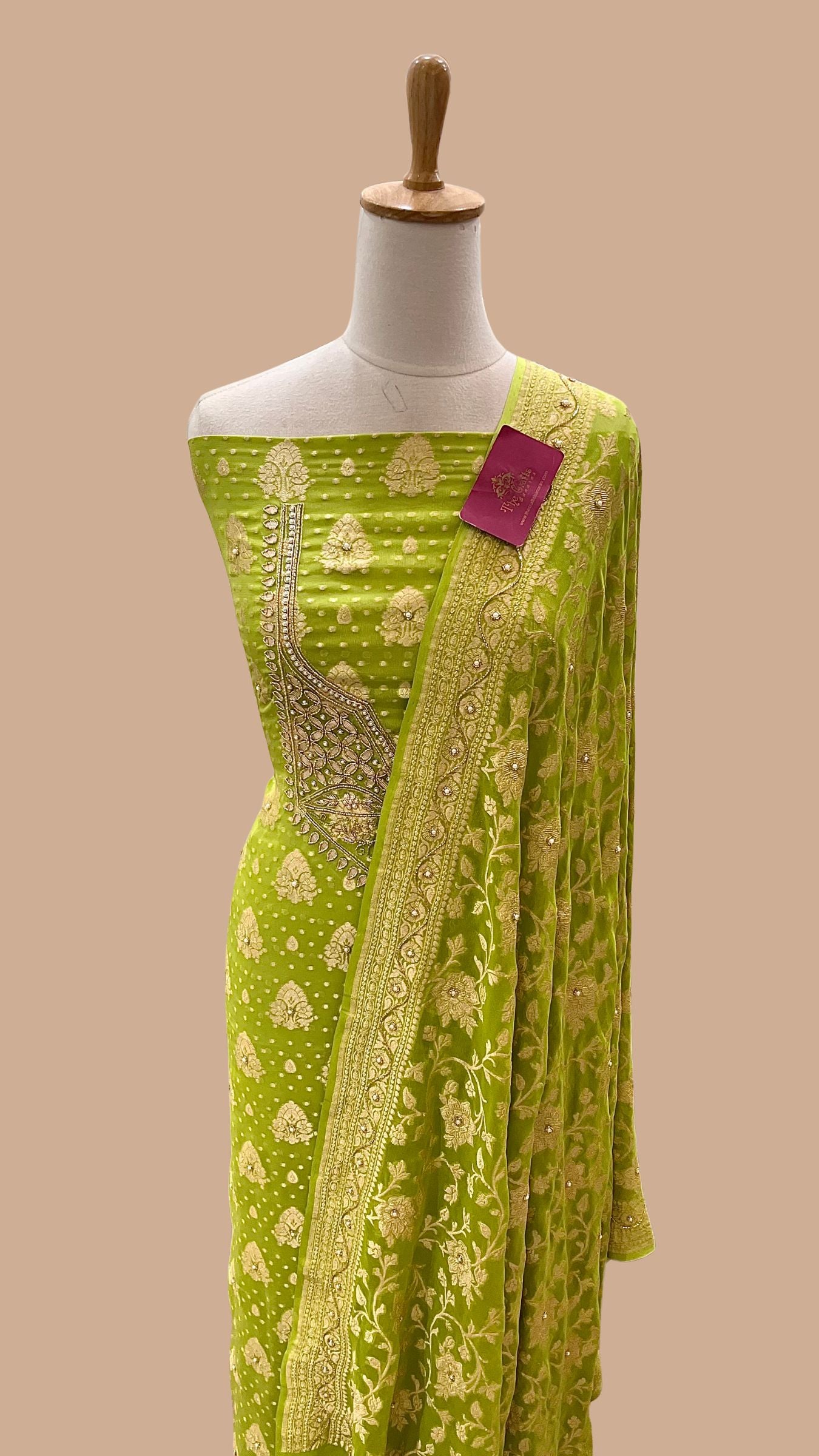 Banarasi Khaddi Georgette Dress Material - Handwork Gota Patti Zardozi Mirror Cut Dana and Stone Work