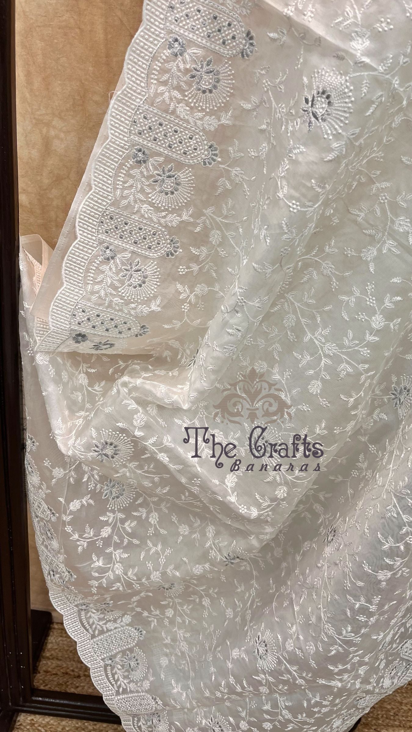 Pure Kora Organza Silk Banarasi Saree - Chikankari all over