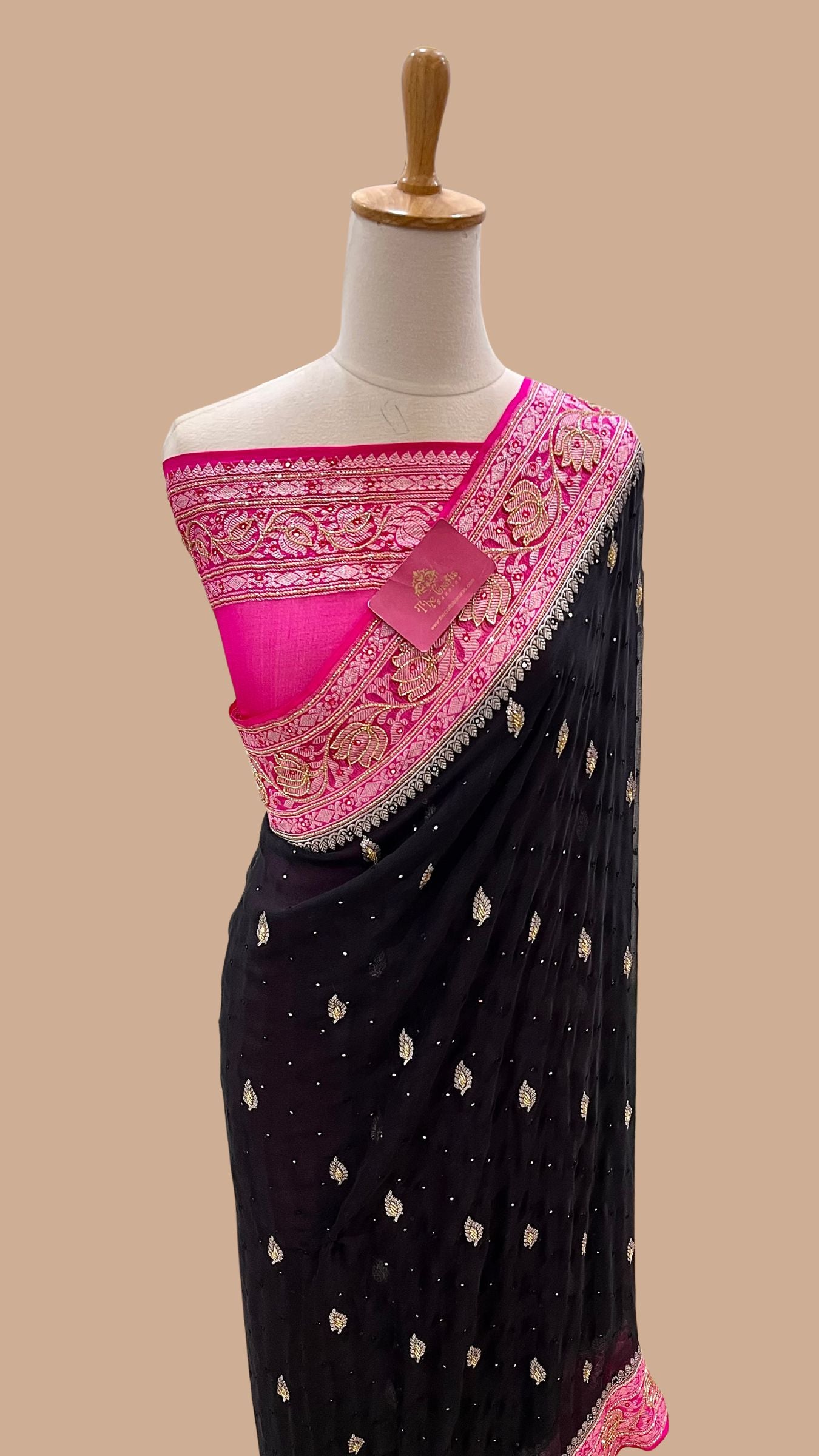 Pure Georgette Handloom Banarasi Saree - Handwork Mirror Cut Dana and Stone Work
