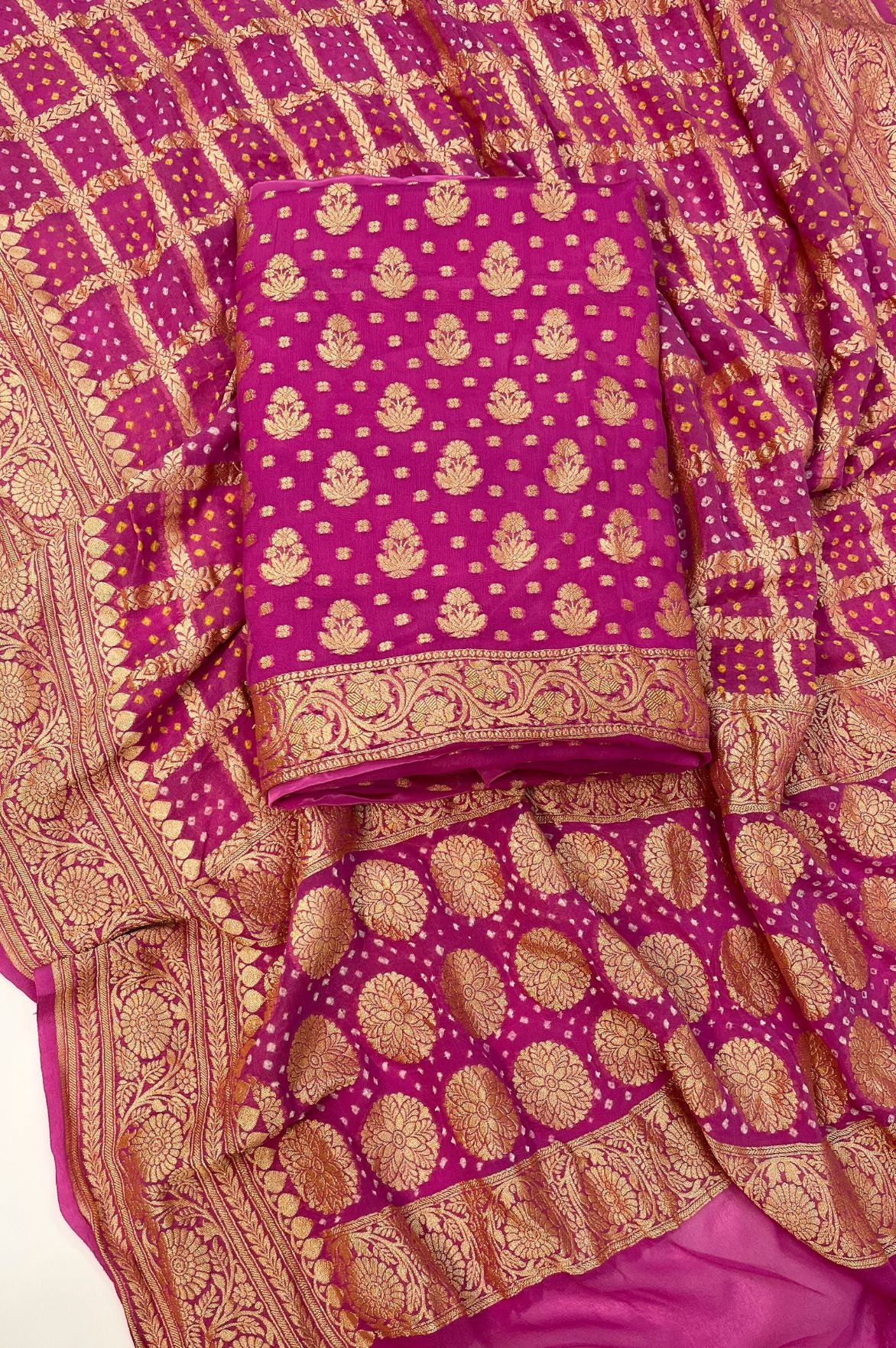 Khaddi Georgette Banarasi Dress Material With Bandhej Dupatta