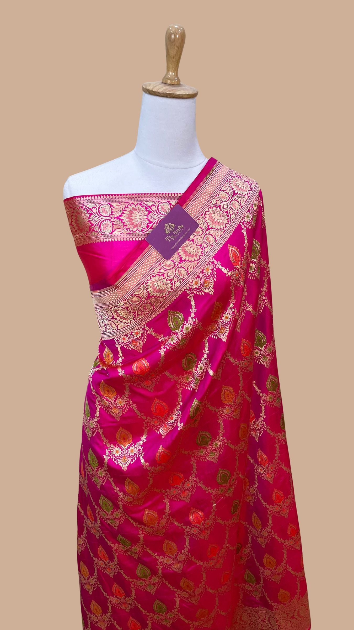 Pure Katan Silk Handloom Banarasi Saree - Jaal With Meenakari