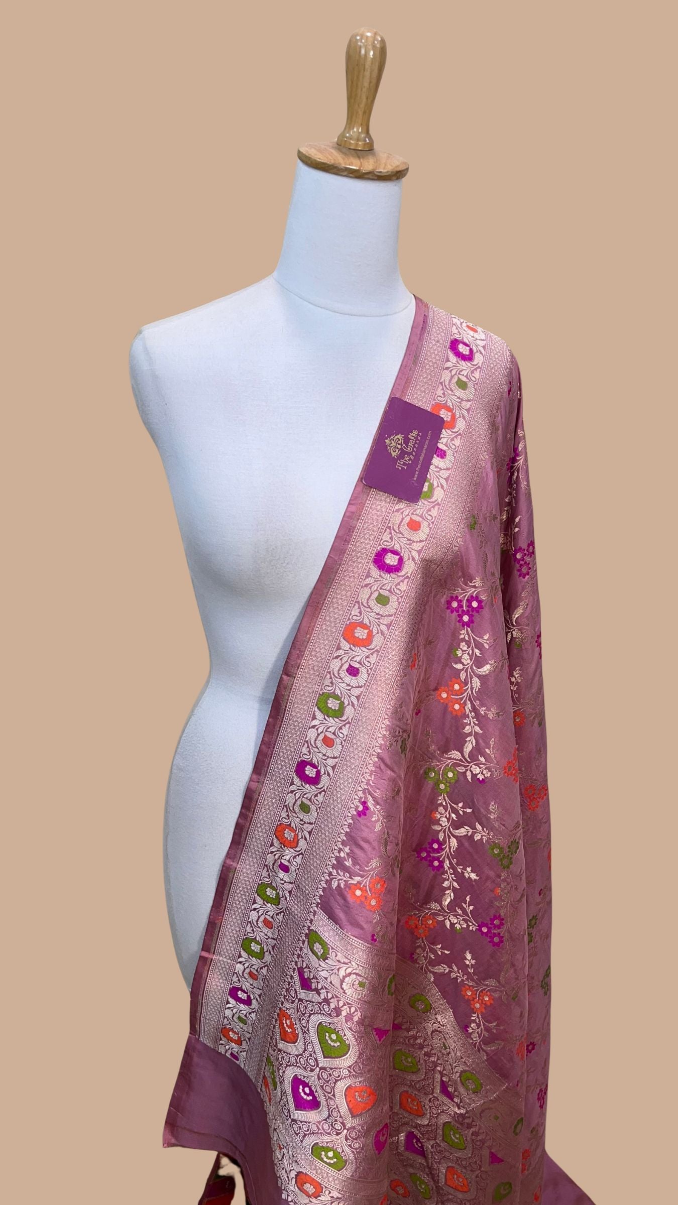 Pure Katan Silk Banarasi Handloom Dupatta - Jaal with  meenakari