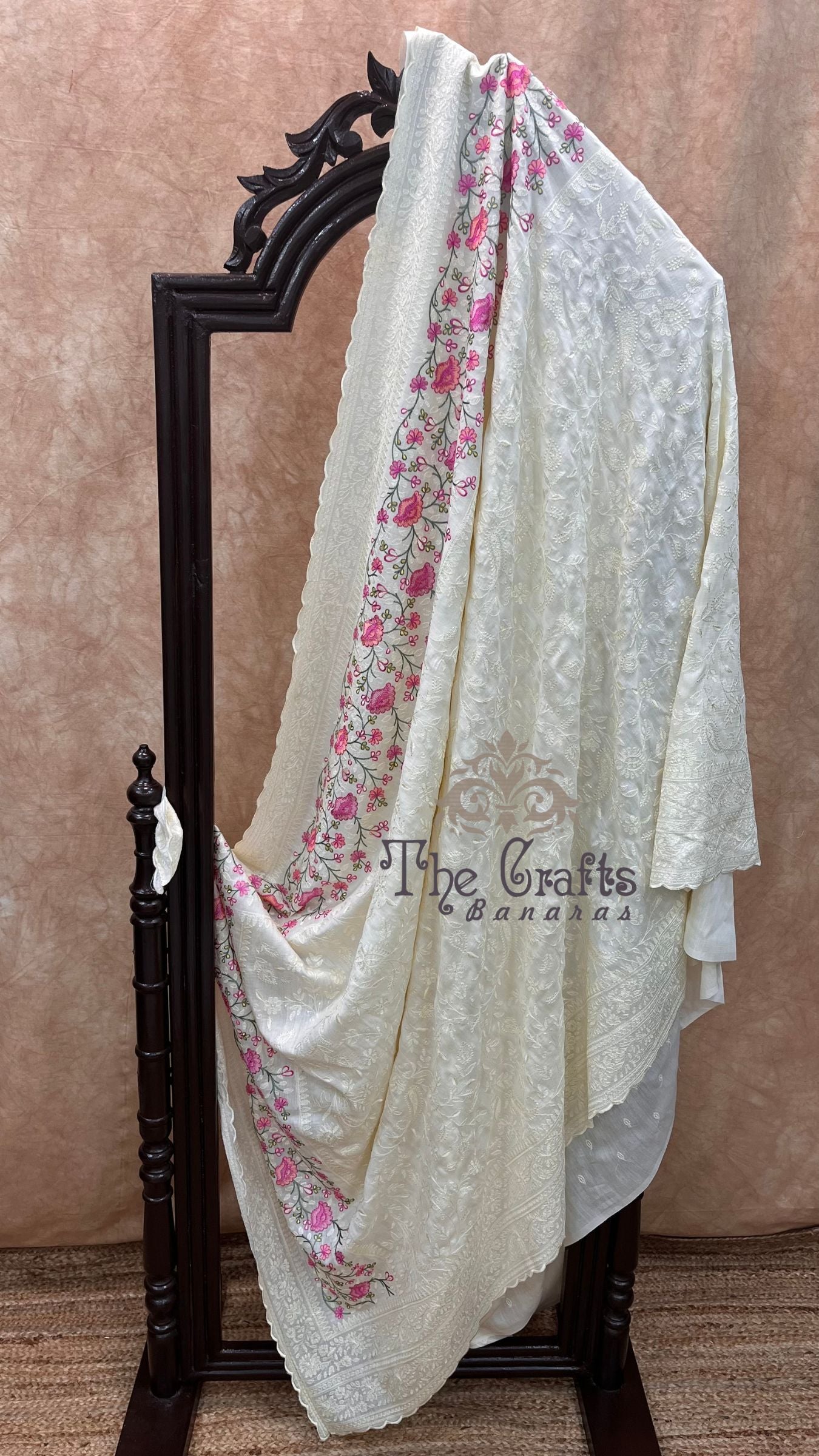 Pure Munga Silk Banarasi Saree - Chikankari all over