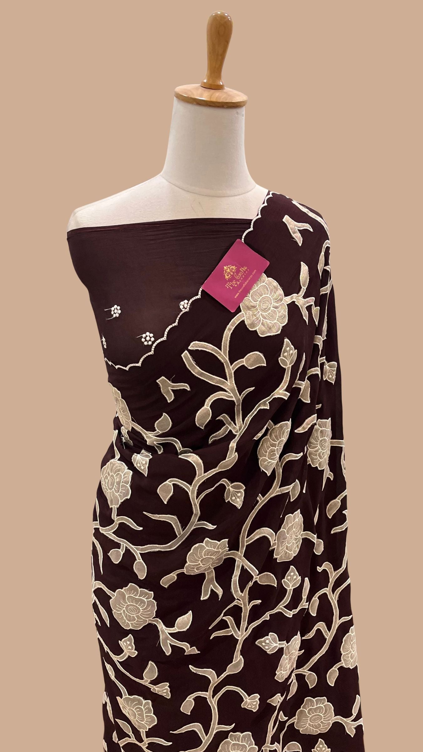 Pure Crepe Silk Banarasi Saree - Floral Appliqué Work