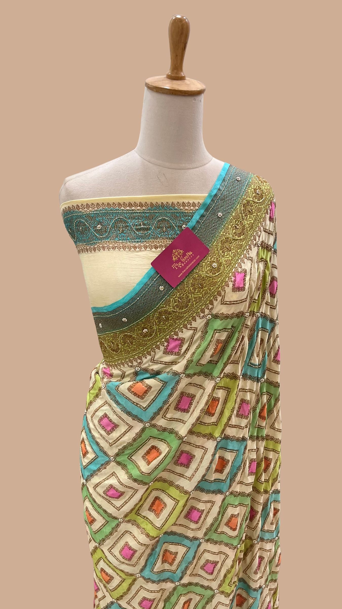 Pure Crepe Georgette Handloom Banarasi Saree - Antique Zari with Cut Dana & Motifs Handwork