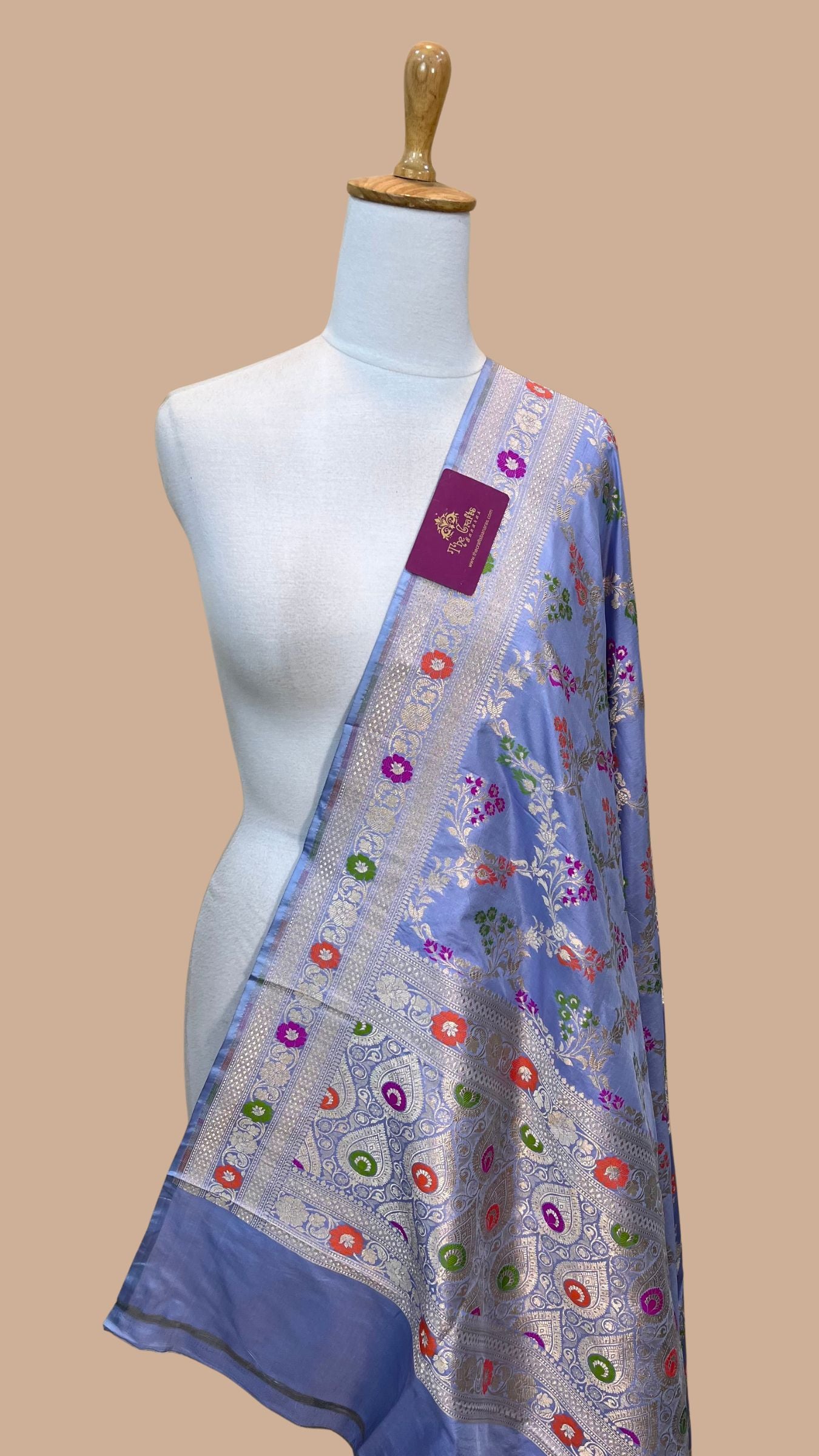 Pure Katan Silk Banarasi Handloom Dupatta - Jaal with  meenakari