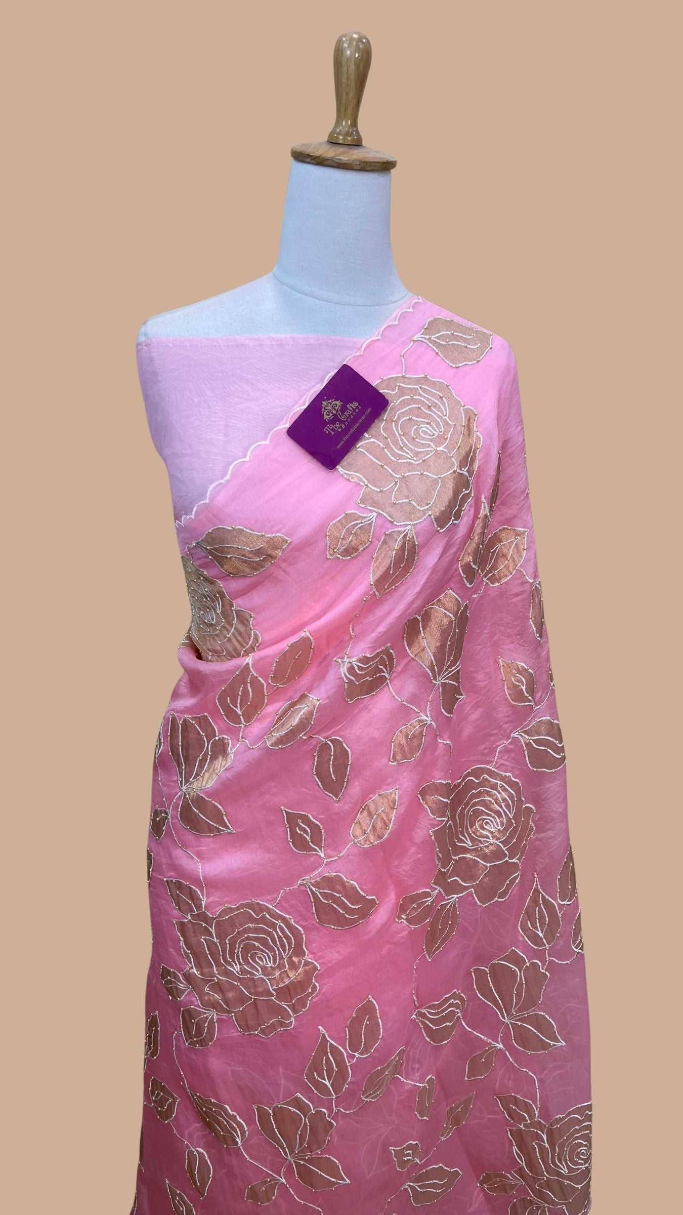 Pure Kora Organza Silk Banarasi Saree -  Applique work all over