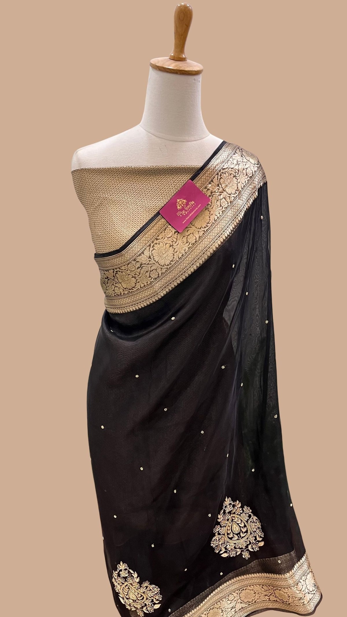Pure Kora Tissue Silk Handloom Banarasi Saree - Handwork Zardozi Cut Dana and Motifs Work