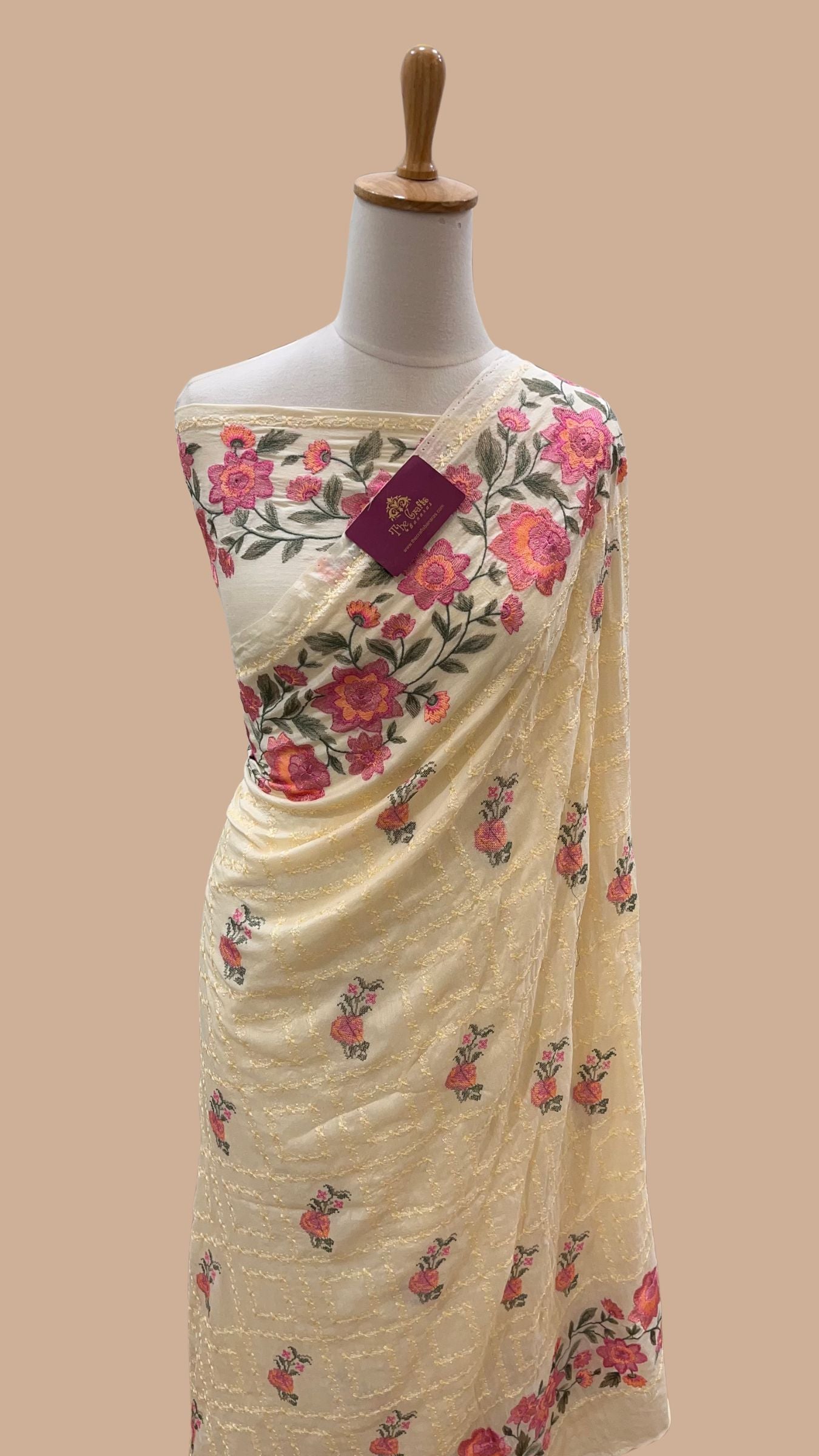 Pure Munga Silk Banarasi Saree - Chikankari all over