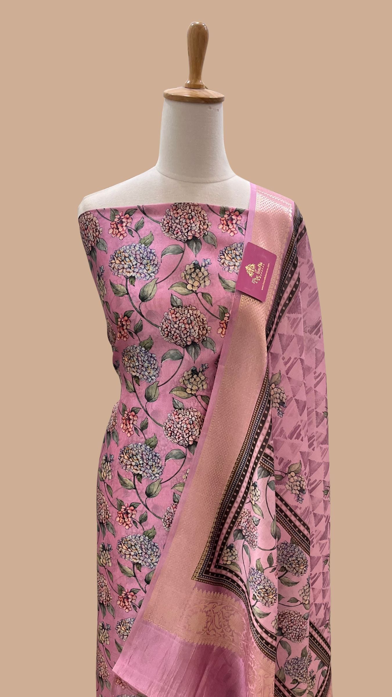 Pure Mango Silk Banarasi Dress Material - Digital Print All over