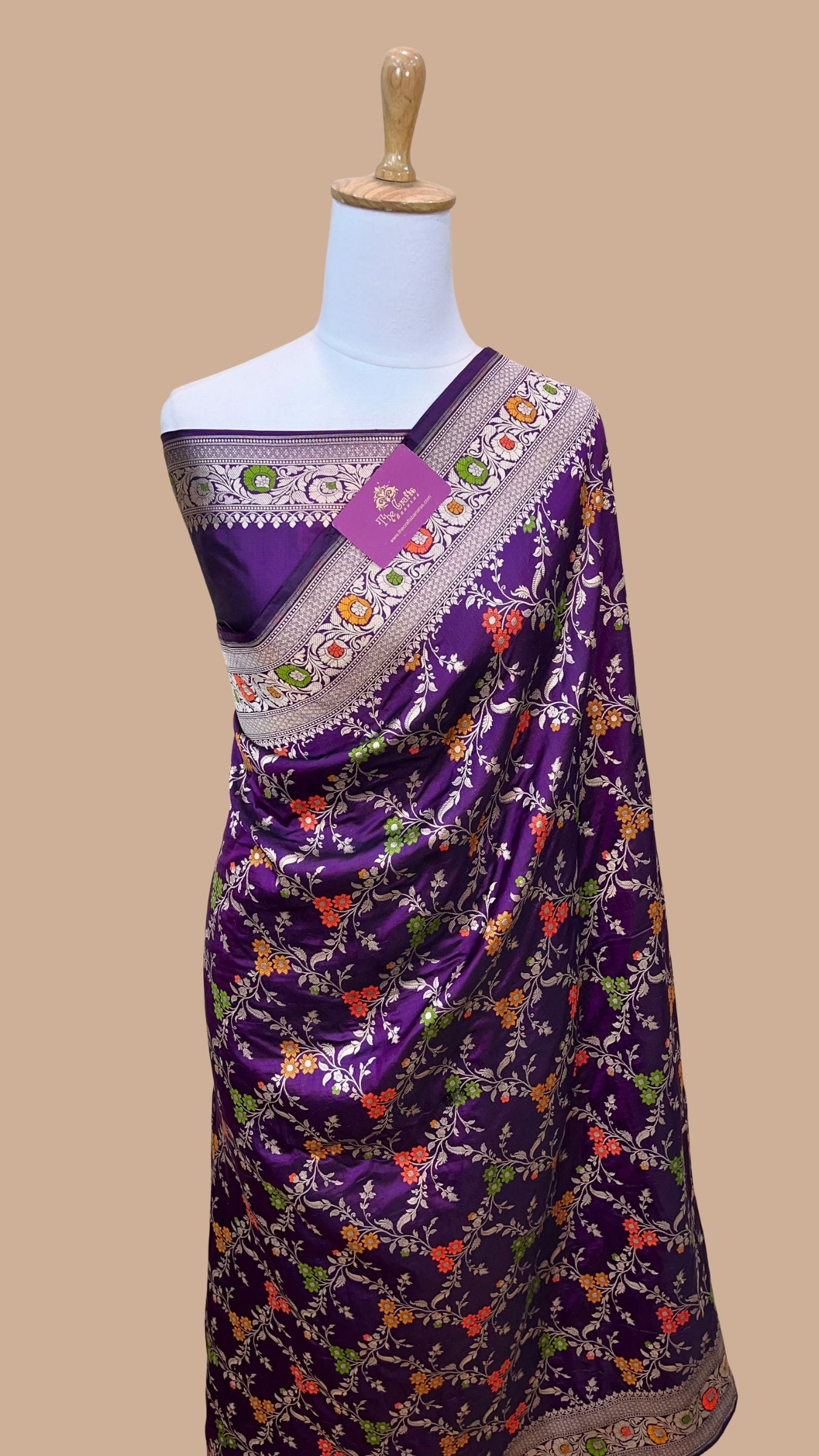 Pure Katan Silk Handloom Banarasi Saree - Jaal With Meenakari