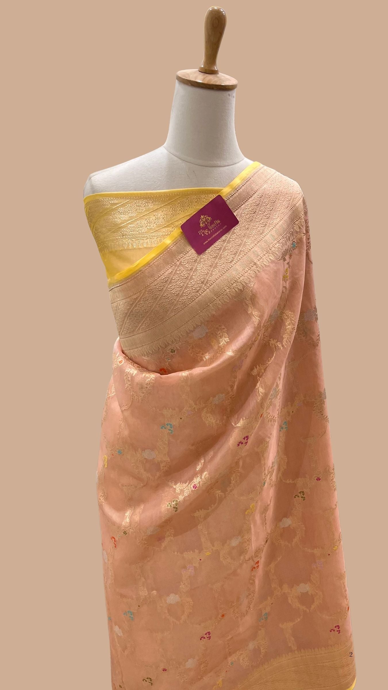 Pure Kora Silk Handloom Banarasi Saree - Gold Zari Jangla with Meenakari Bootis