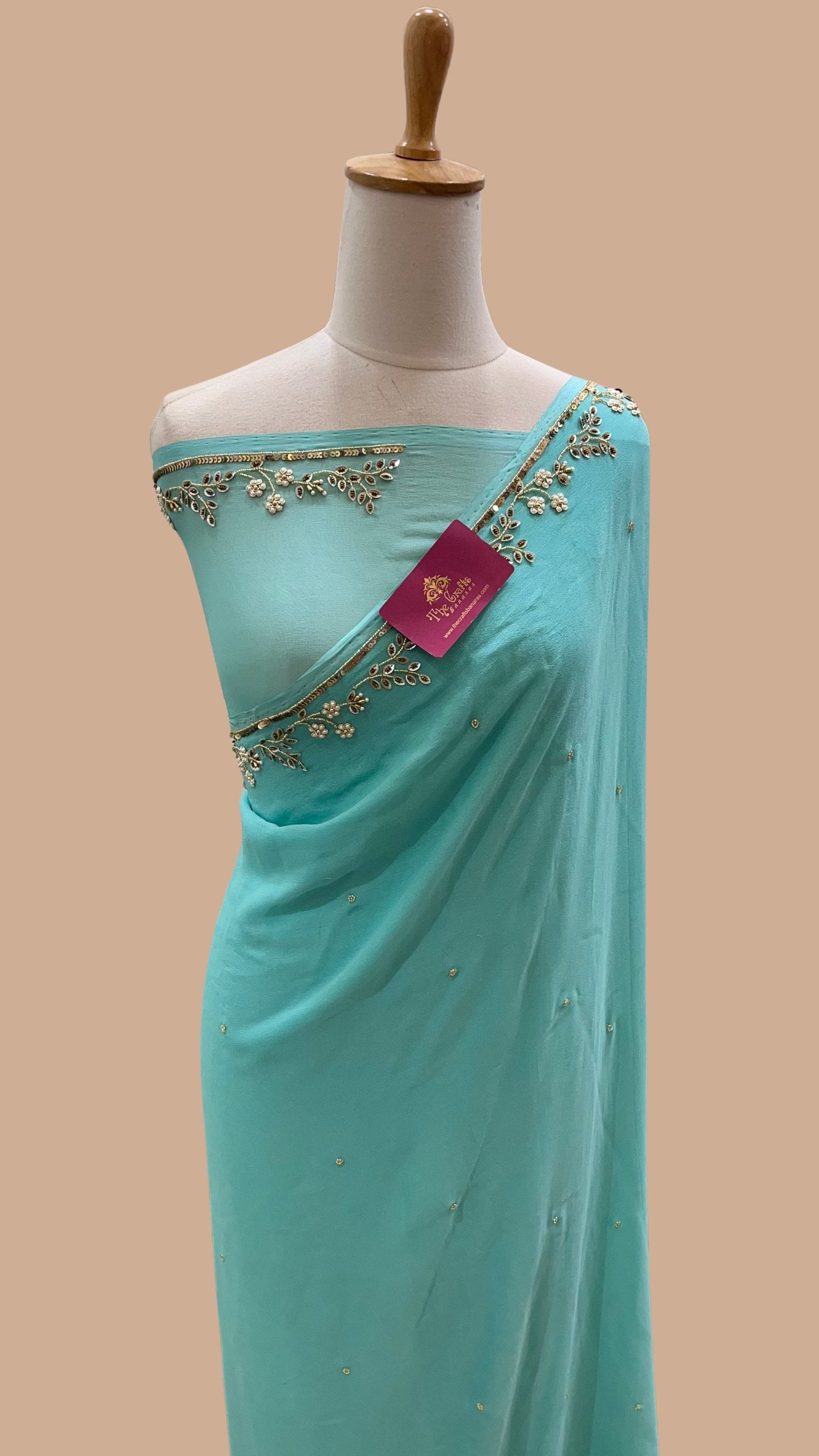 Pure Georgette Banarasi Saree - with Zardozi Floral Border & Sequin Motifs