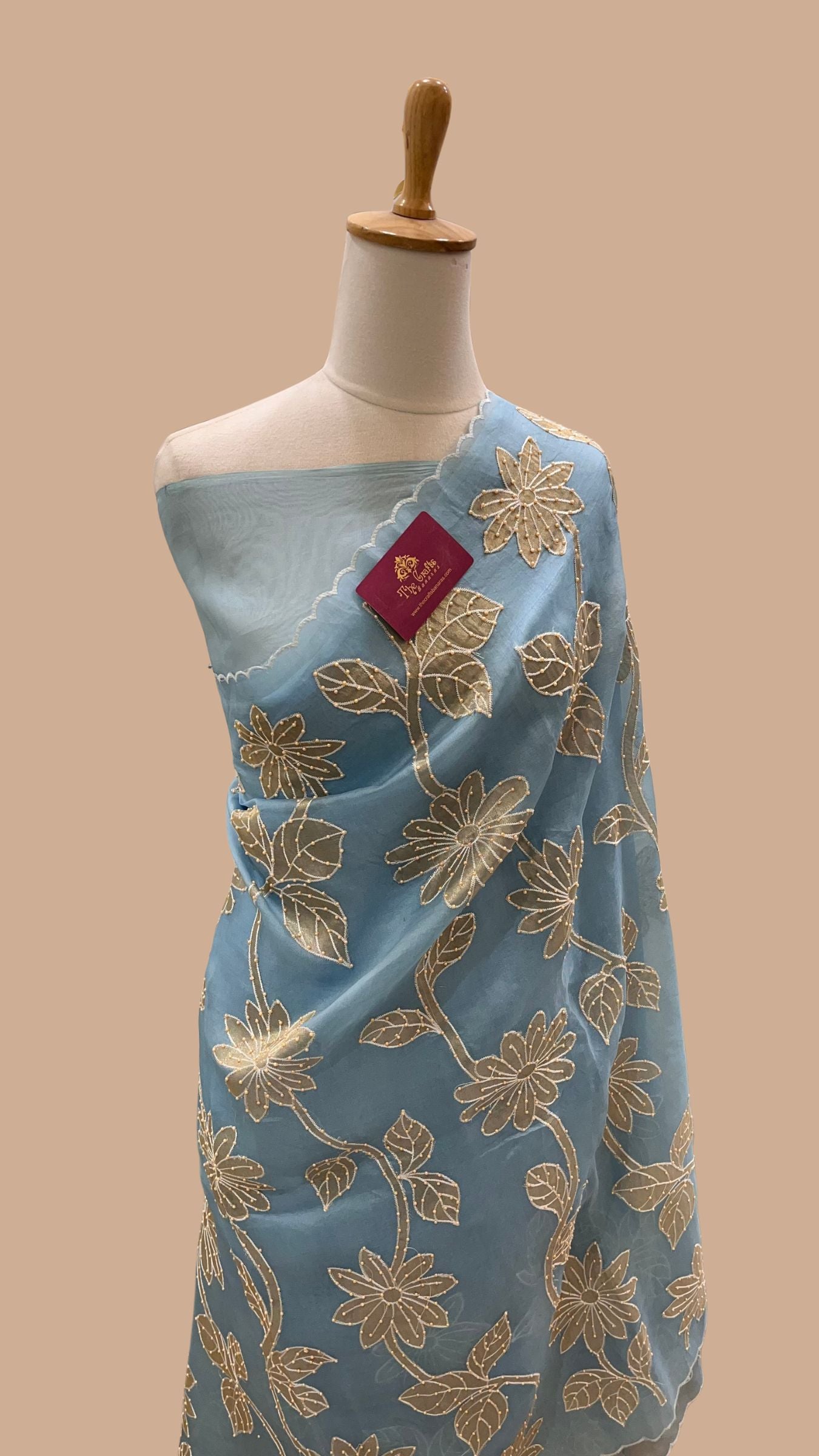 Pure Kora Organza Silk Banarasi Saree -  Applique work with Handwork Motifs
