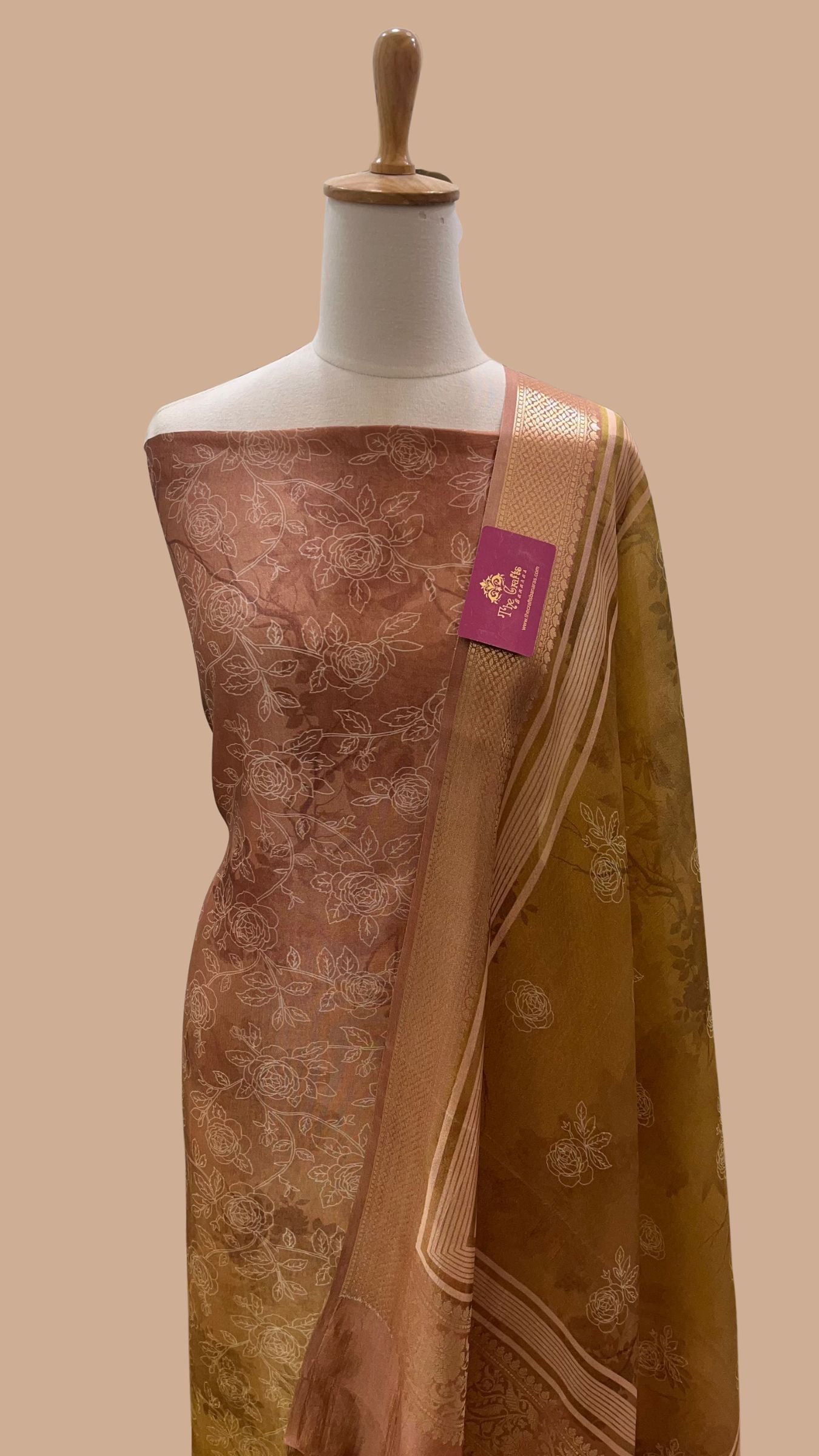 Pure Mango Silk Banarasi Dress Material - Digital Print All over