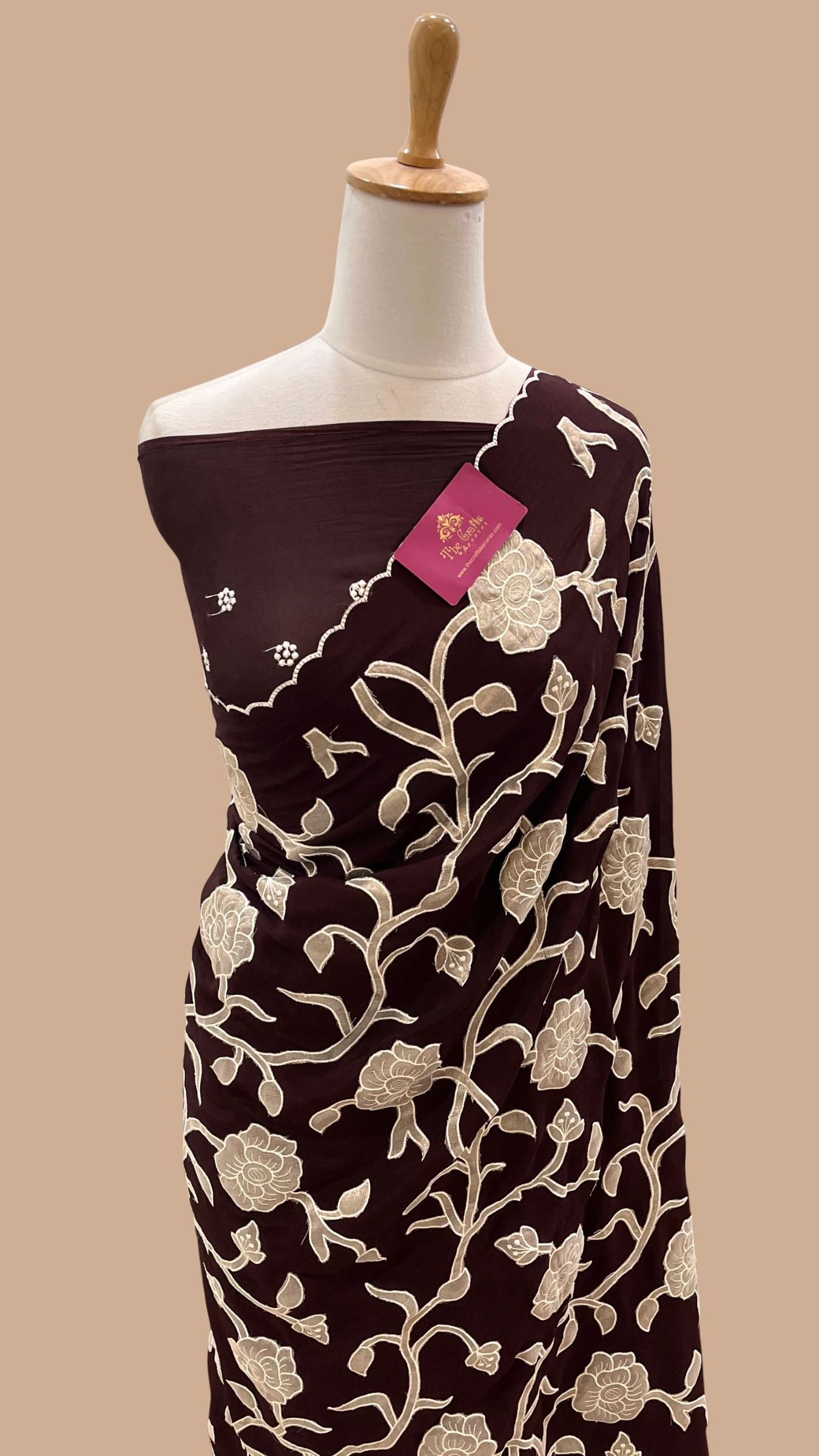 Pure Crepe Silk Banarasi Saree - Floral Appliqué Work