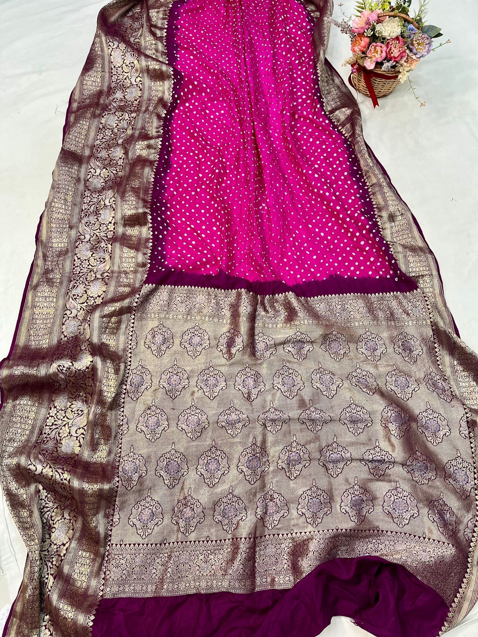 Pure Chiniya Silk Handloom Bandhej Banarasi Saree