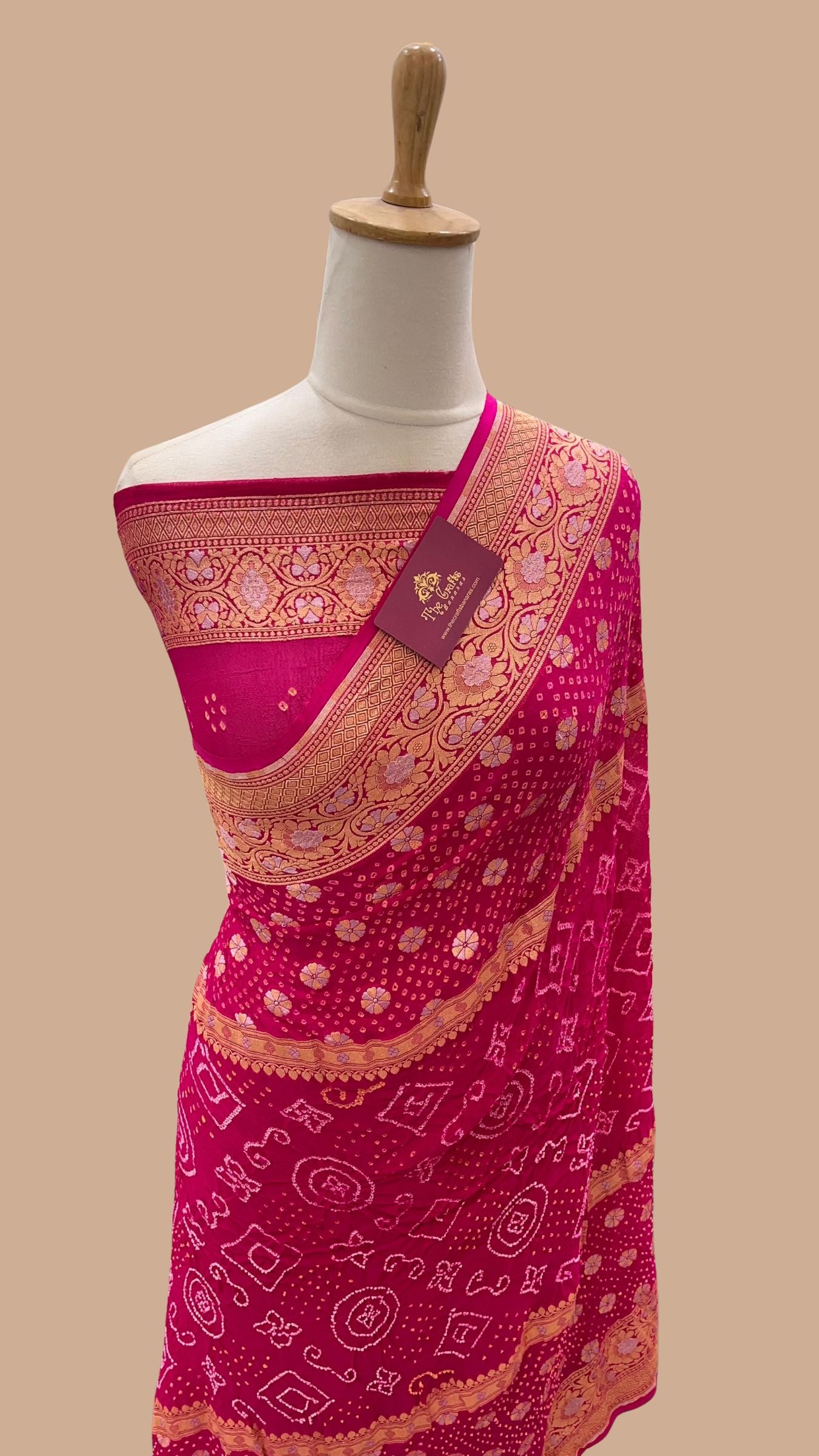 Pure Georgette Banarasi Handloom Bandhej Saree - All over Sona rupa Jaal work