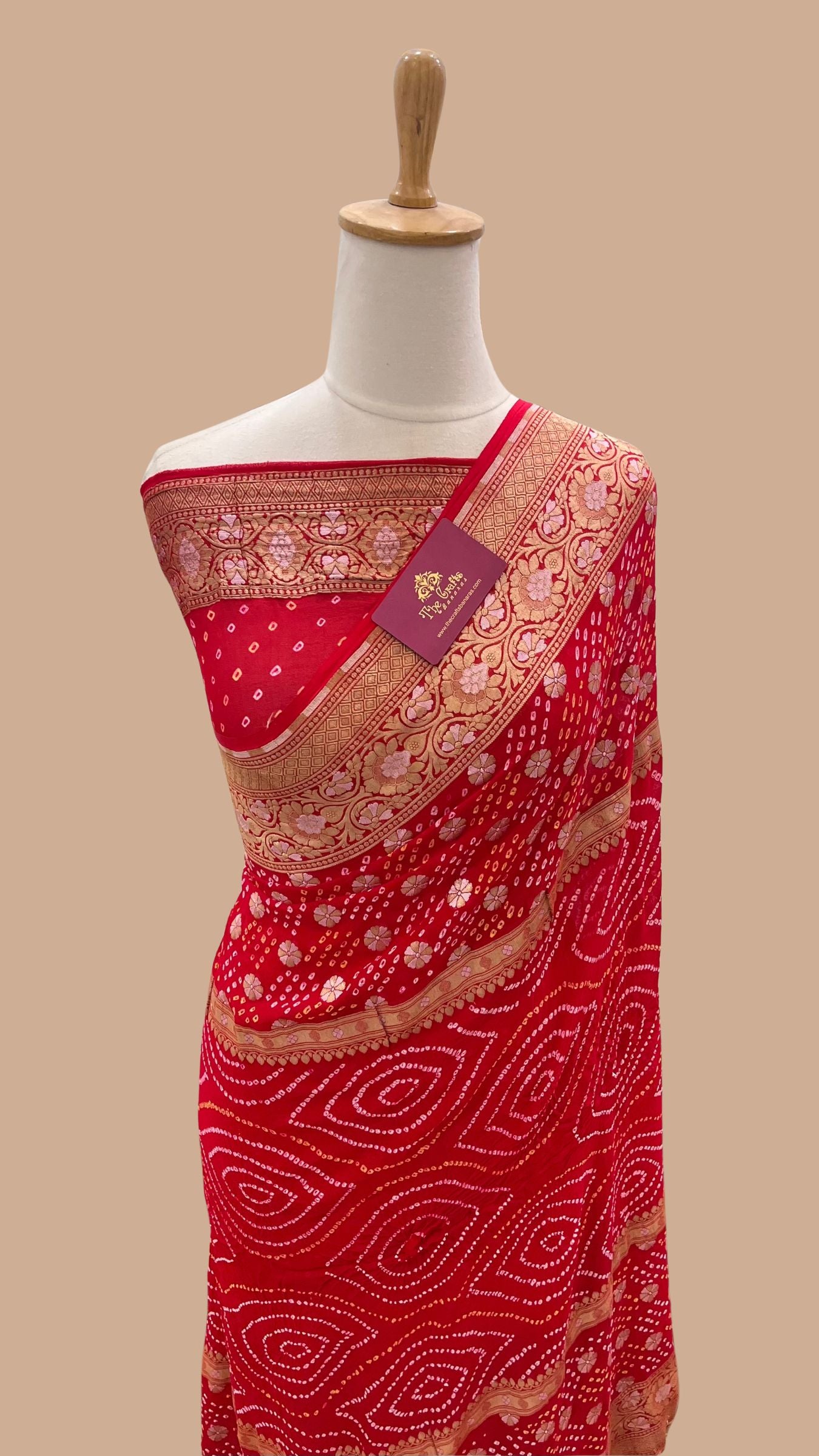 Pure Georgette Banarasi Handloom Bandhej Saree - All over Sona rupa Jaal work