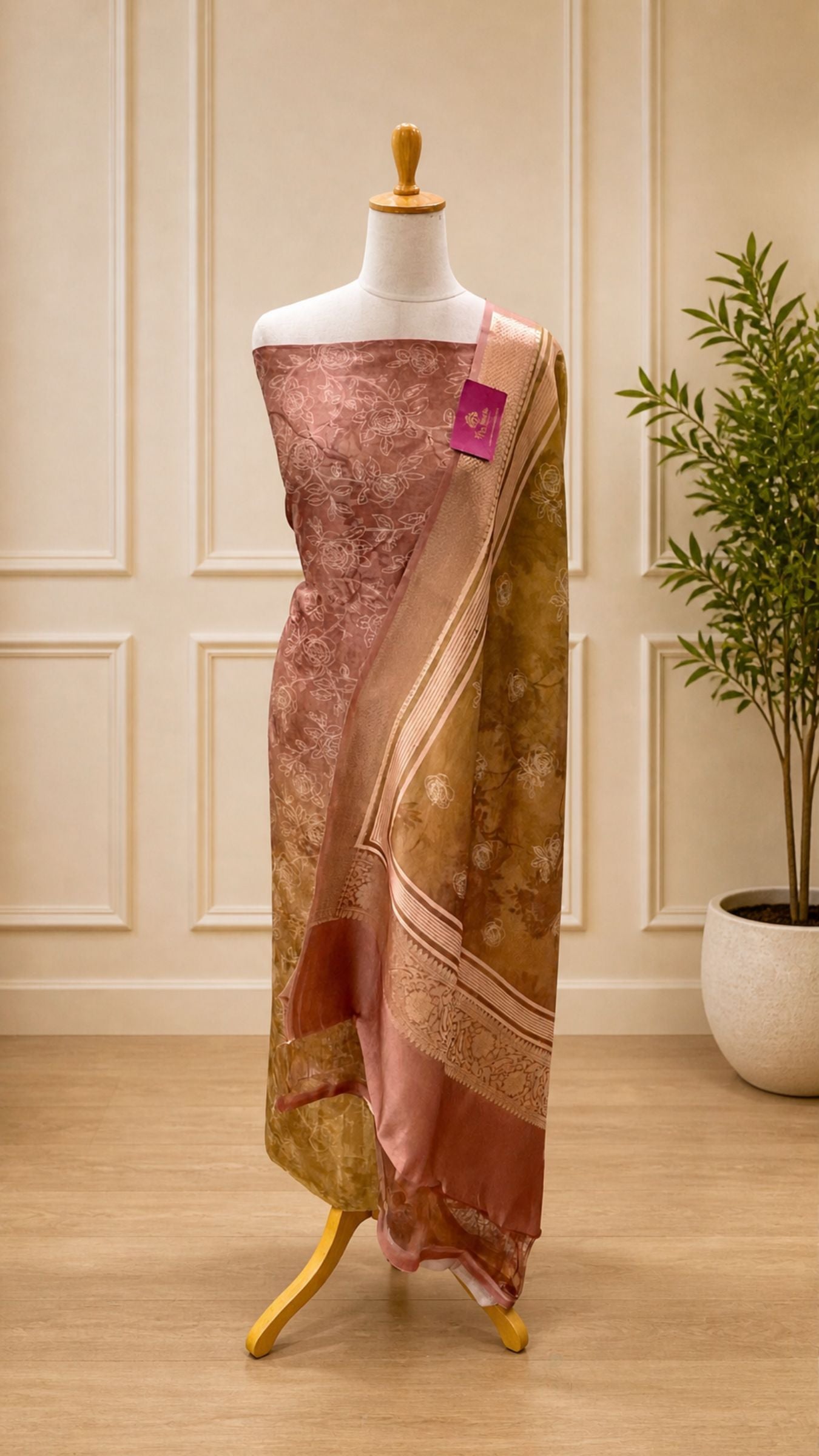 Pure Mango Silk Banarasi Dress Material - Digital Print All over