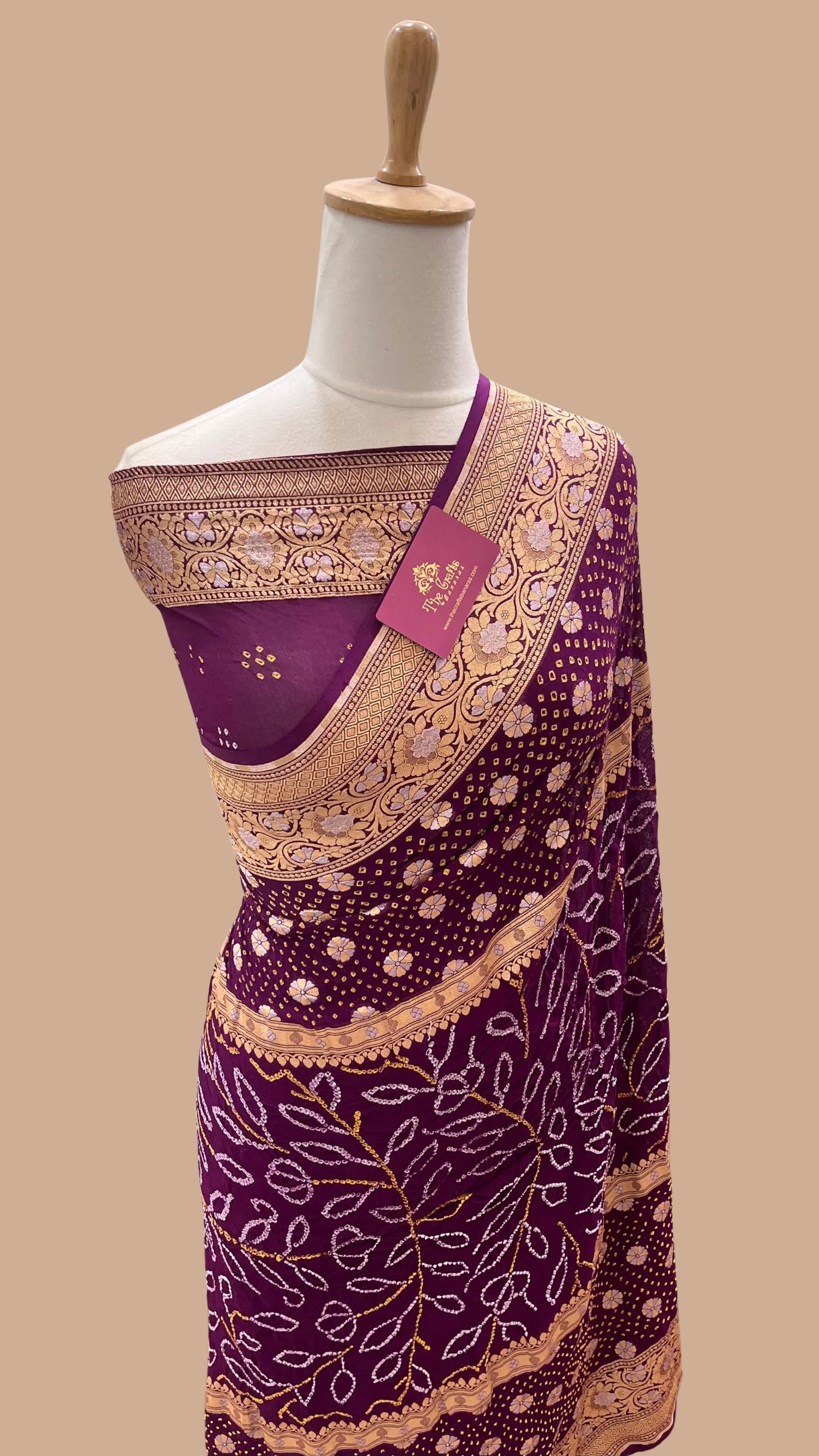 Pure Georgette Banarasi Handloom Bandhej Saree - All over Sona rupa Jaal work