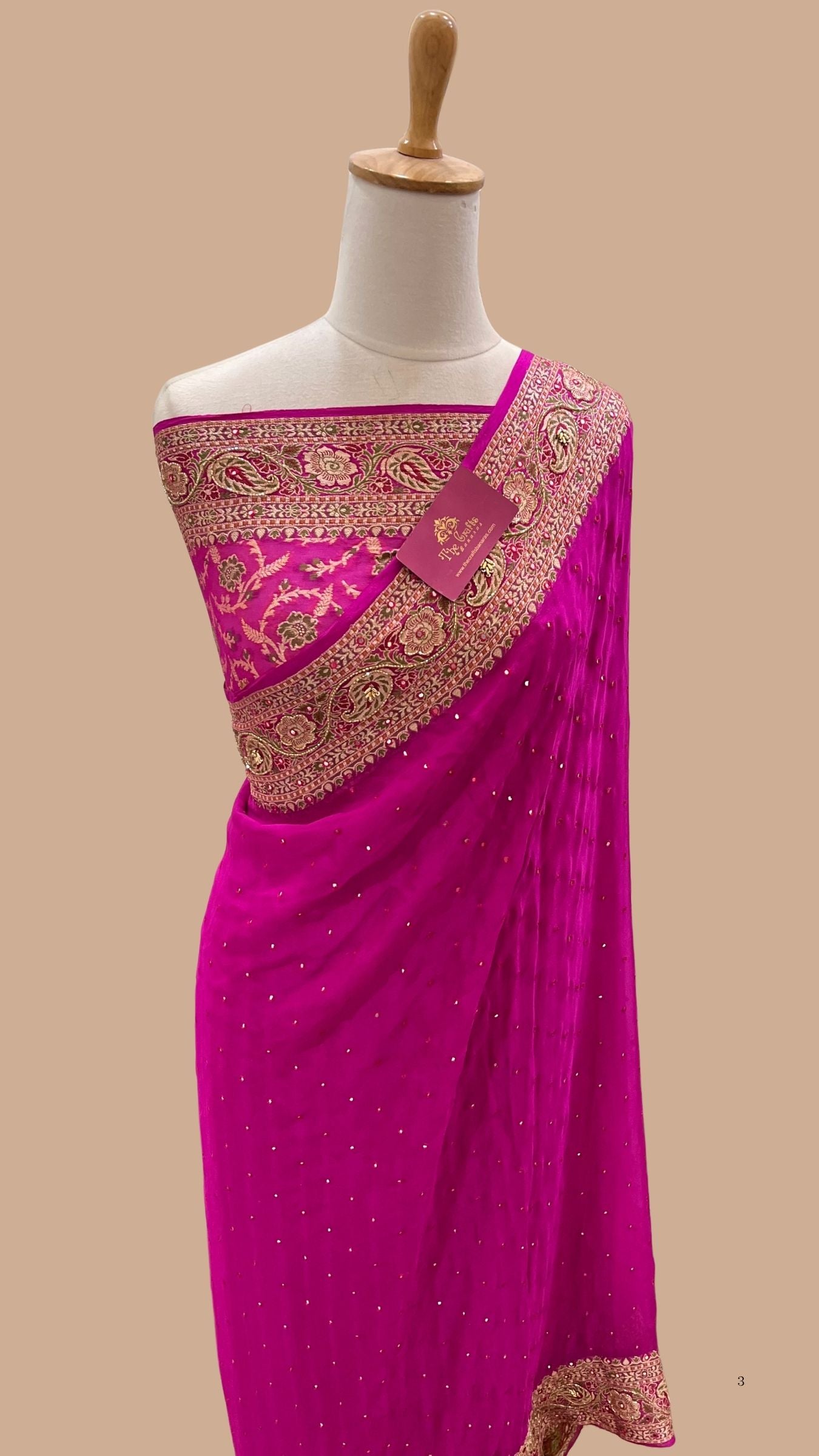 Pure Khaddi Chiffon Handloom Banarasi Saree - Cut Dana & Mirror Handwork