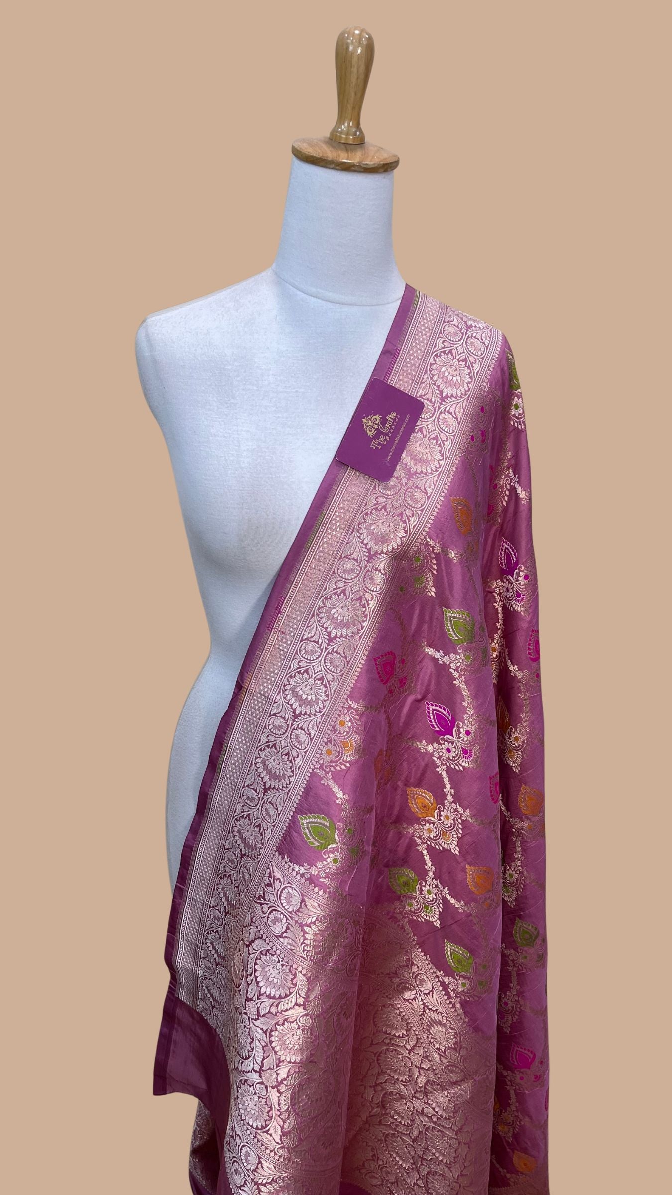 Pure Katan Silk Banarasi Handloom Dupatta - Jaal with  meenakari
